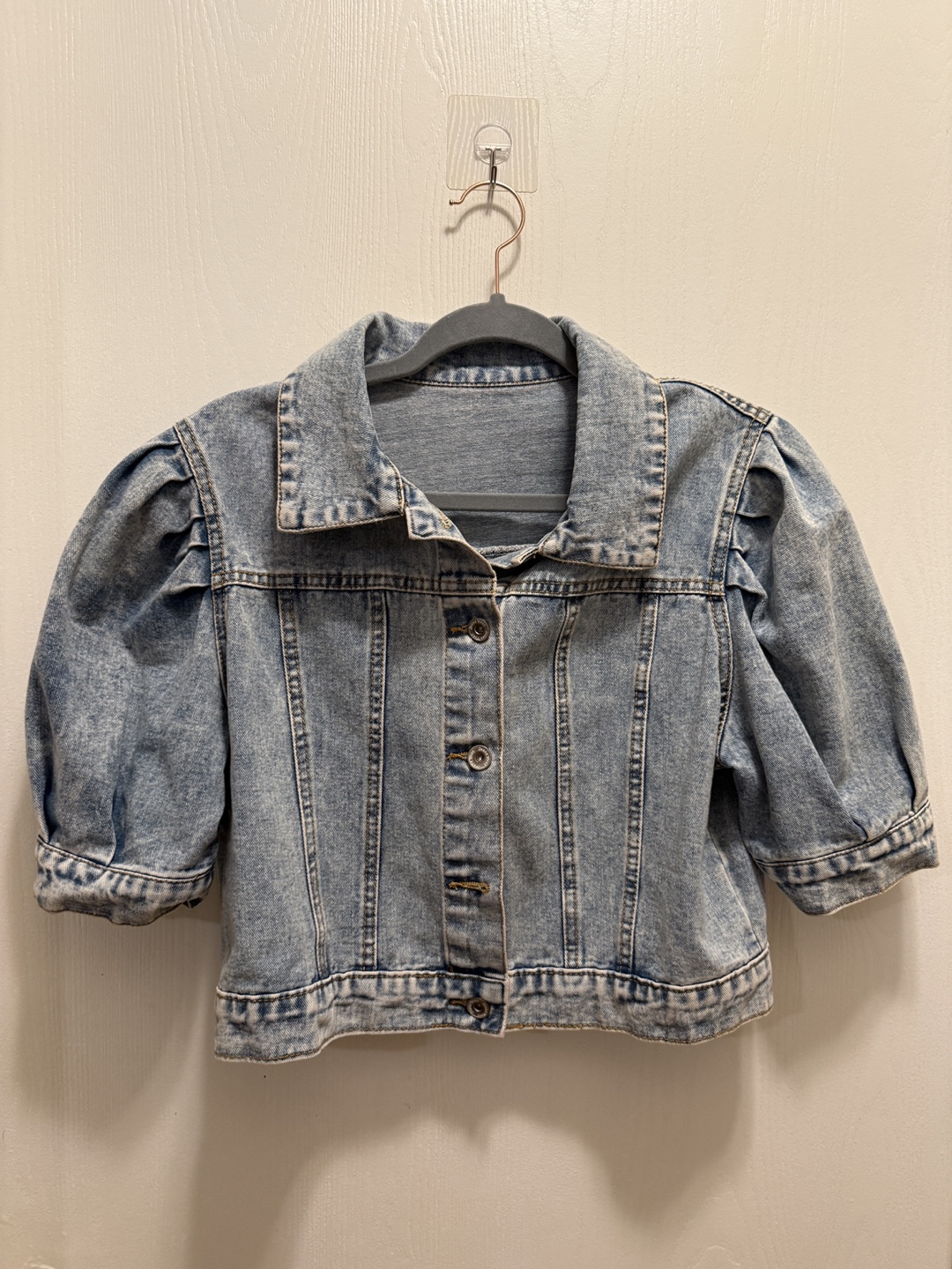 Light Wash Denim Jacket with Puff Sleeves