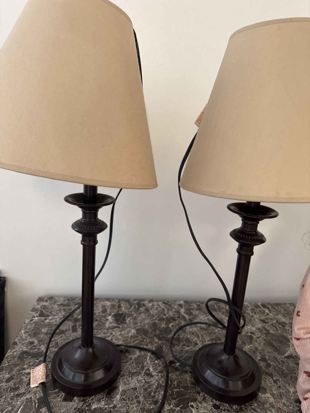 Pair of Dark Brown Table Lamps with Beige Shades