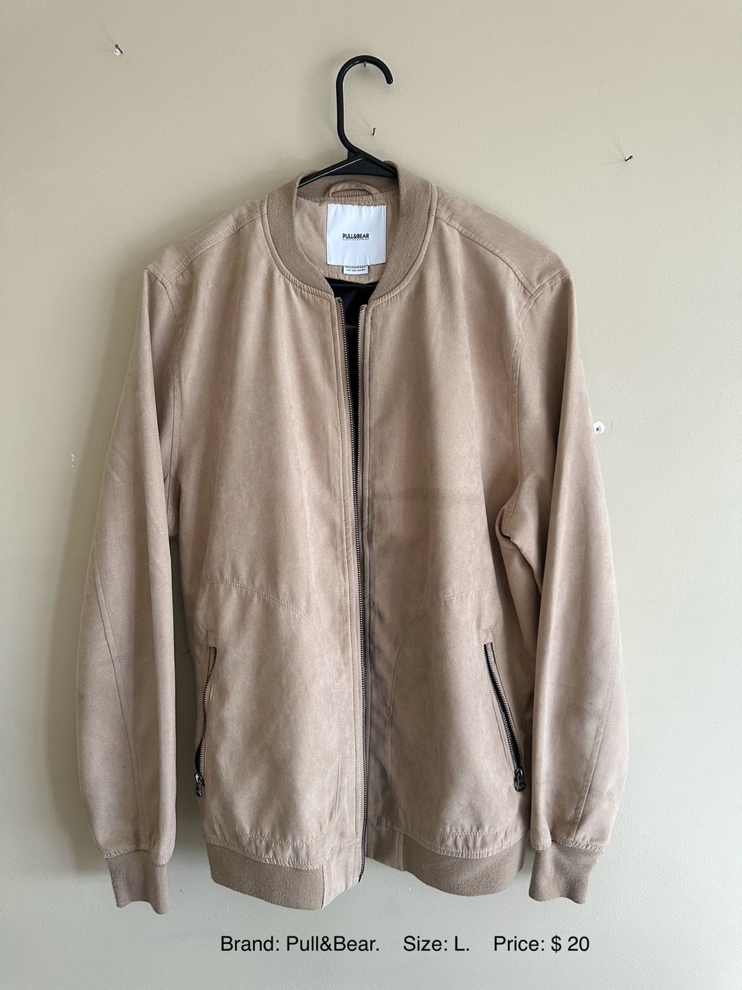 Pull&Bear Beige Suede Bomber Jacket - Size Large