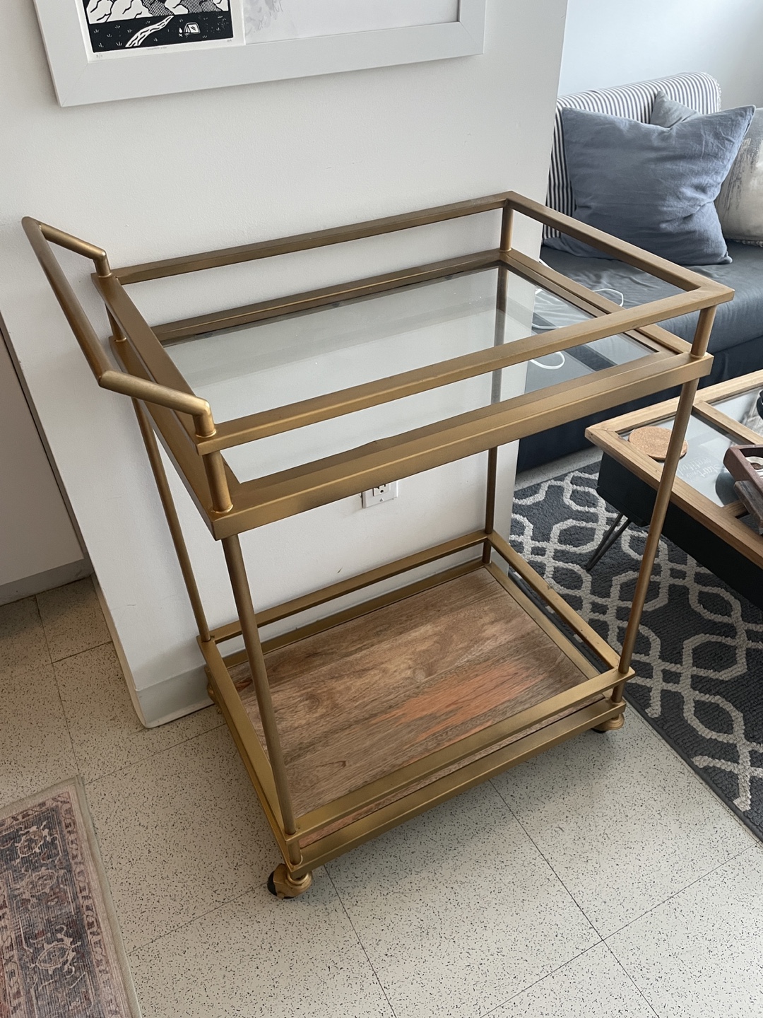Gold Bar Cart with Wood and Glass Shelves - photo 2