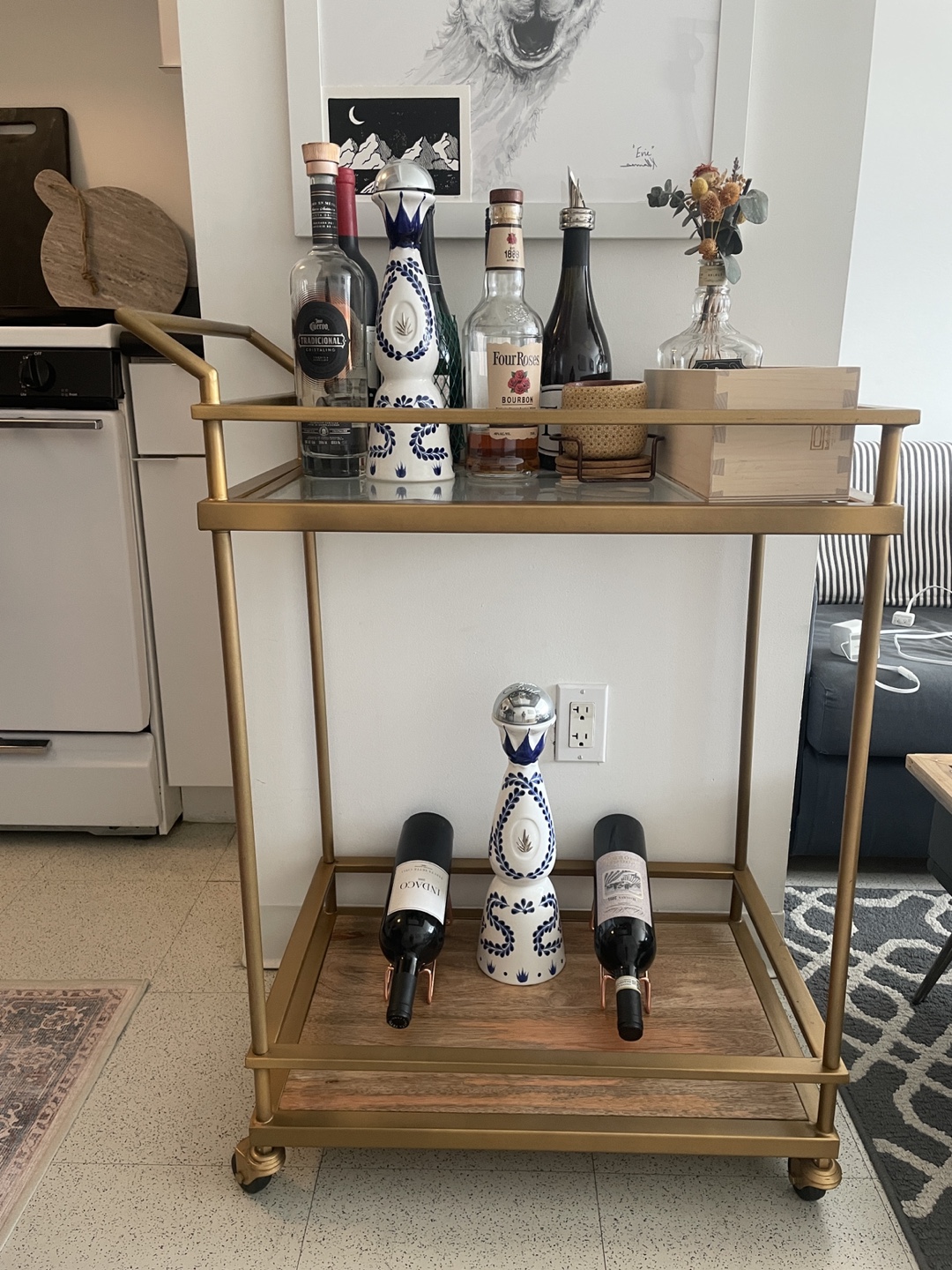Gold Bar Cart with Wood and Glass Shelves