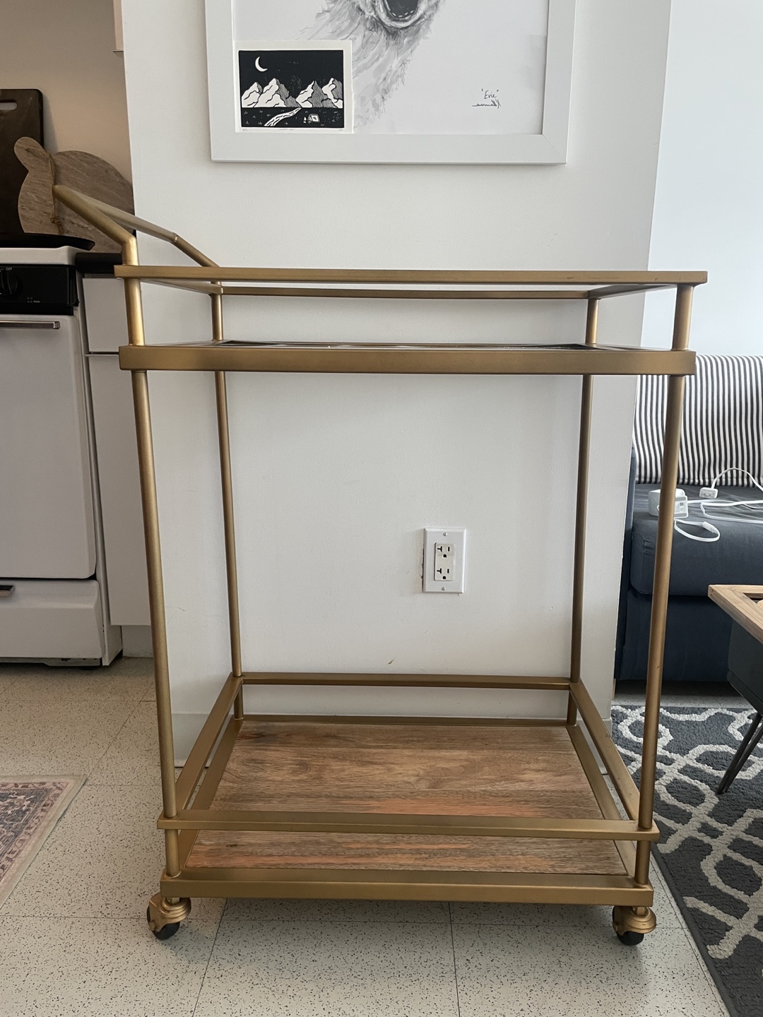 Gold Bar Cart with Wood and Glass Shelves - photo 3