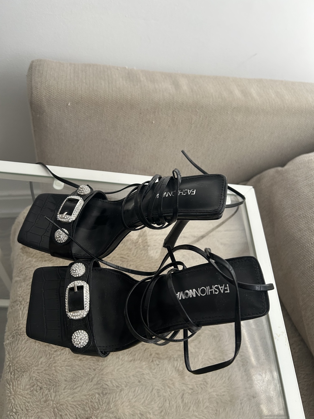 Black Lace-Up Rhinestone Buckle Heels - photo 2