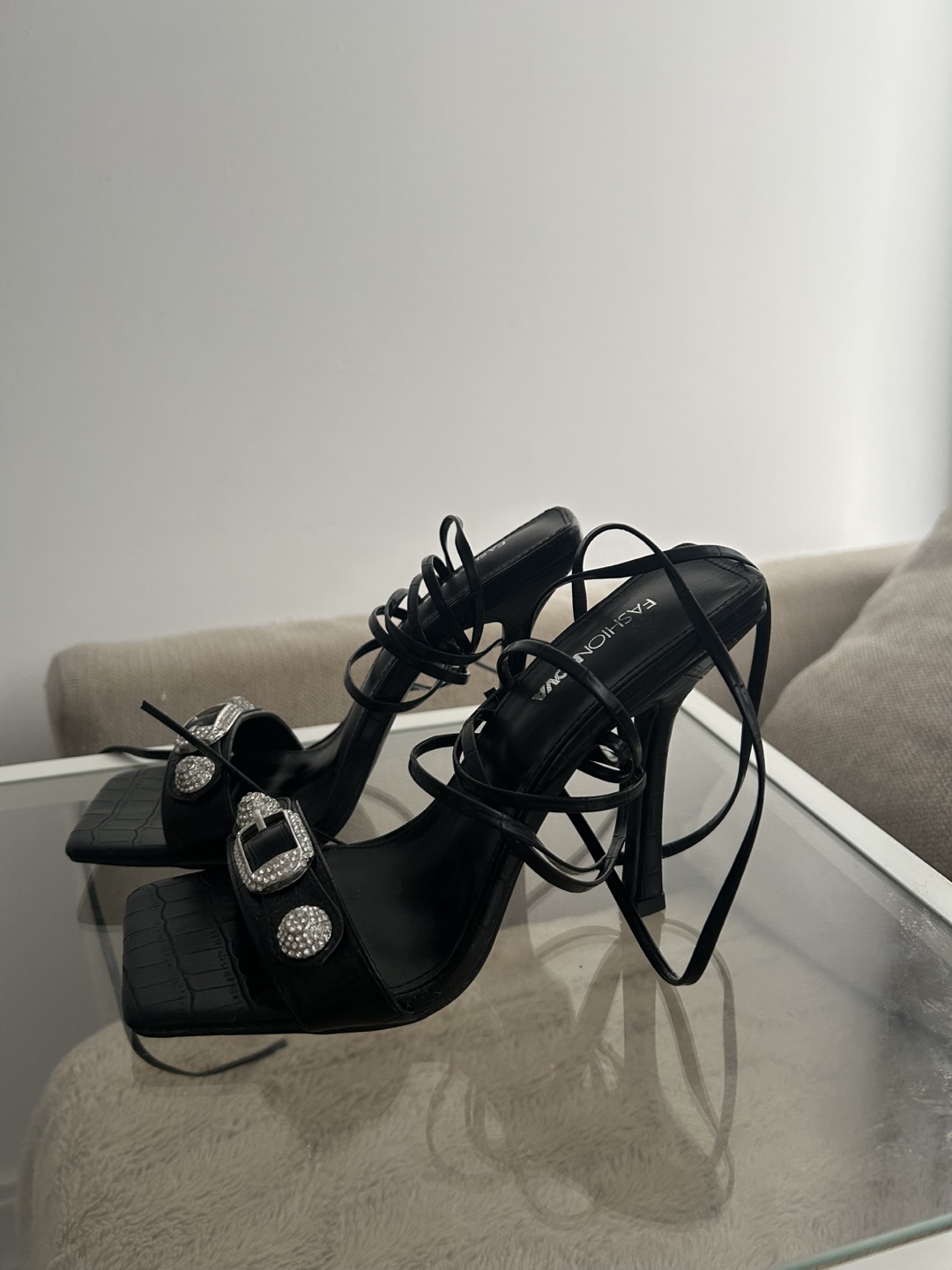 Black Lace-Up Rhinestone Buckle Heels