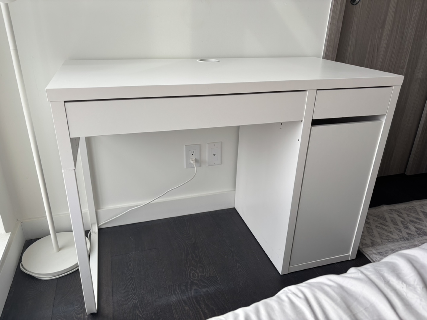 White IKEA MICKE Desk with Drawer and Cabinet