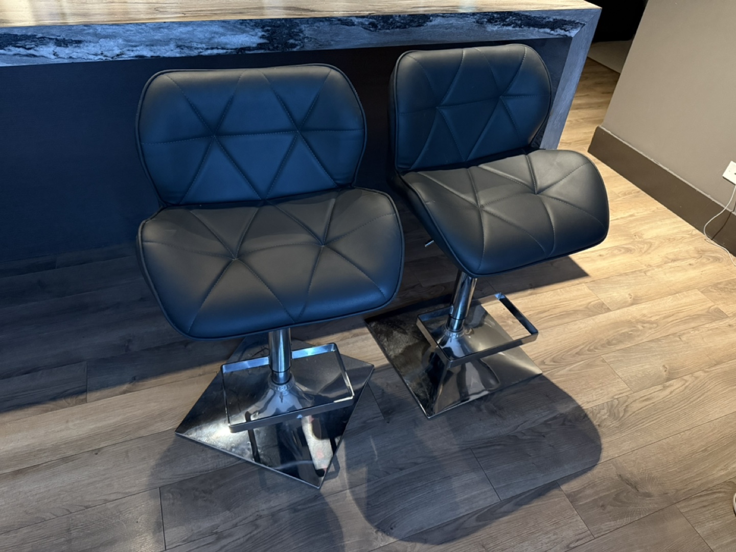 Pair of grey Leather Bar Stools with Chrome Base