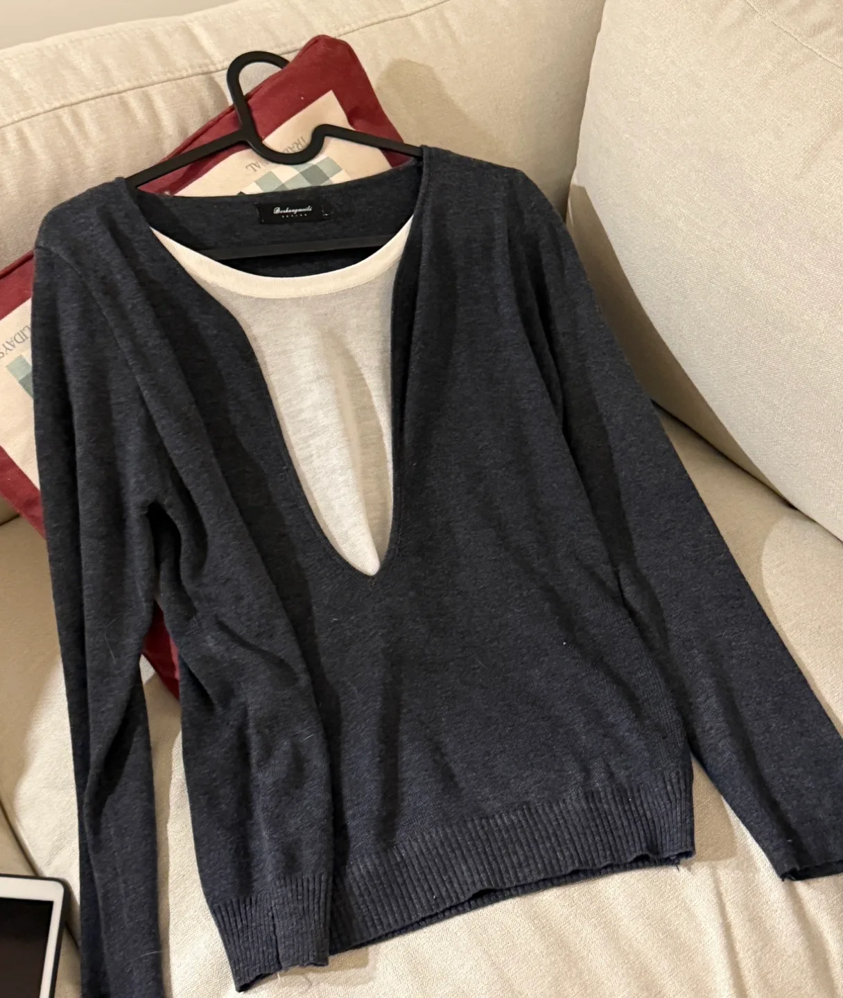 Dark Grey V-Neck Knit Sweater with Layered White Undershirt thumbnail