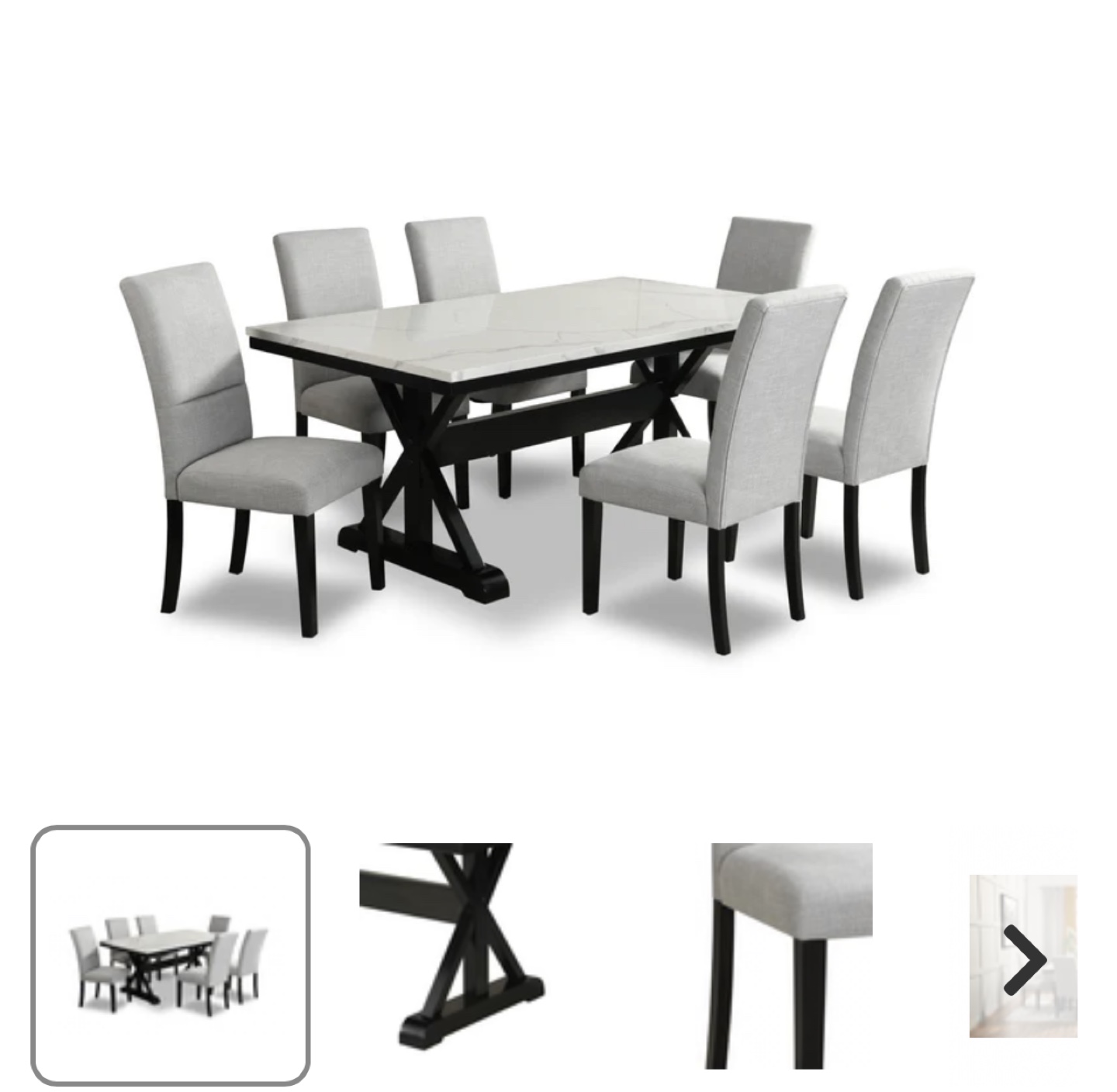 4 Piece Dining Set with Marble Top Table and Grey Fabric Chairs