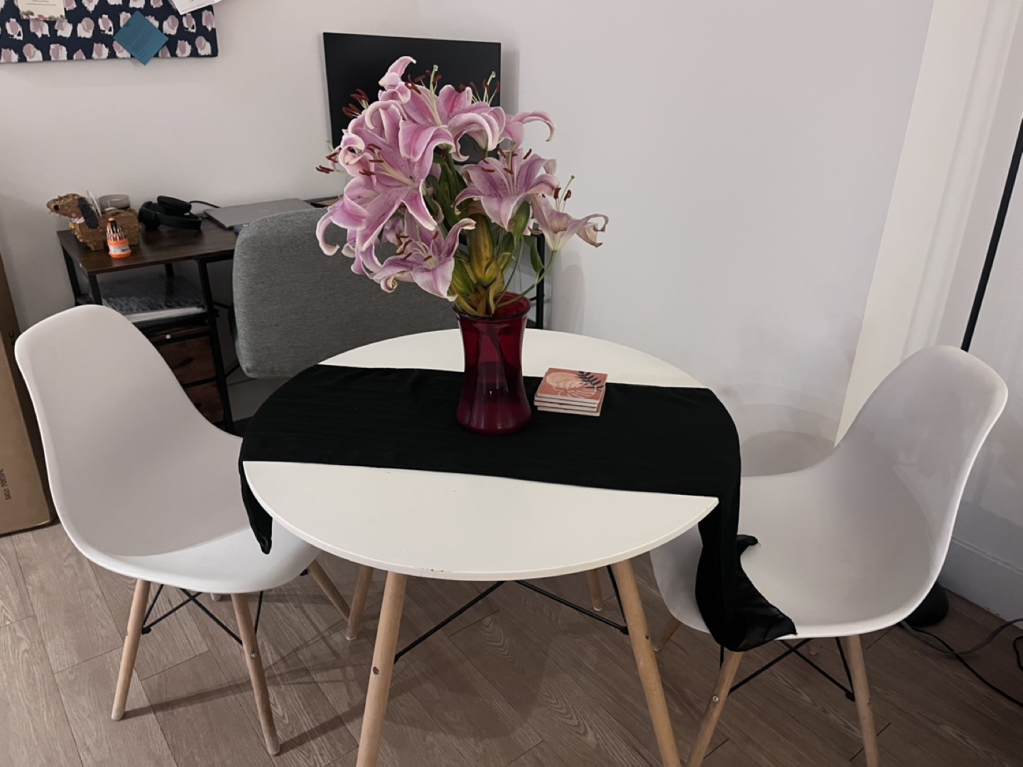 IKEA White Round Table with Two White Chairs