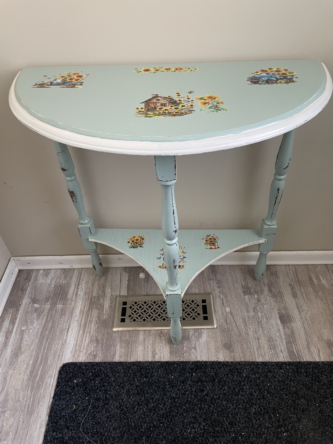 Rustic Half-Moon Console Table with Sunflower Decor
