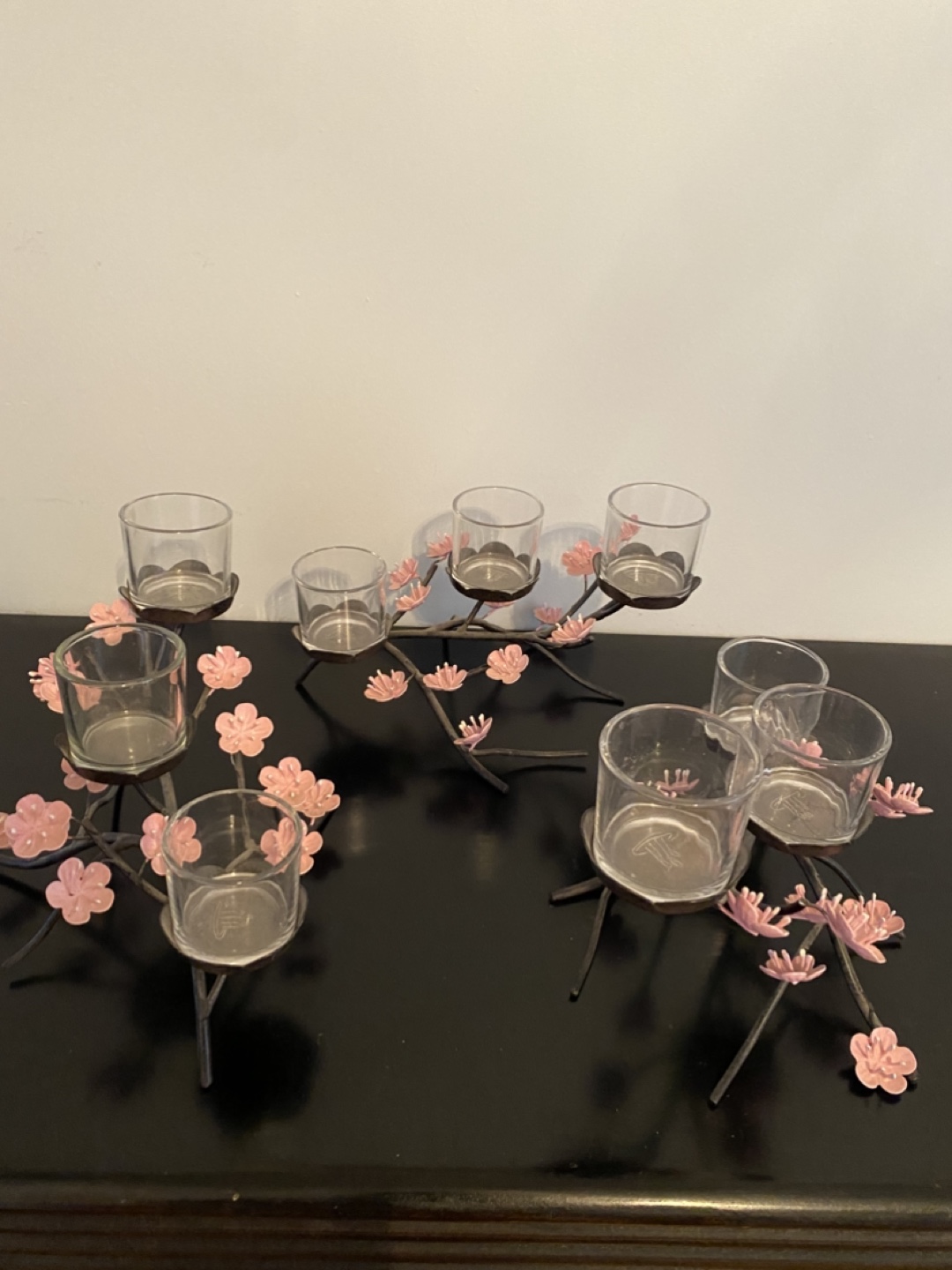 Set of Three Candle Holders with Pink Flowers