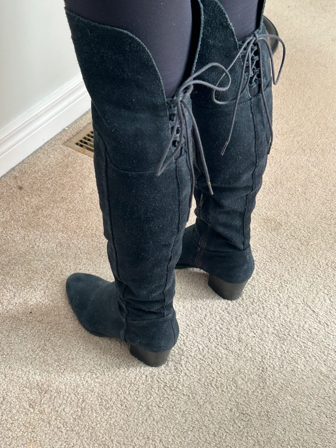 Black Suede Over-the-Knee Boots with Lace-Up Detail image indicator(4)