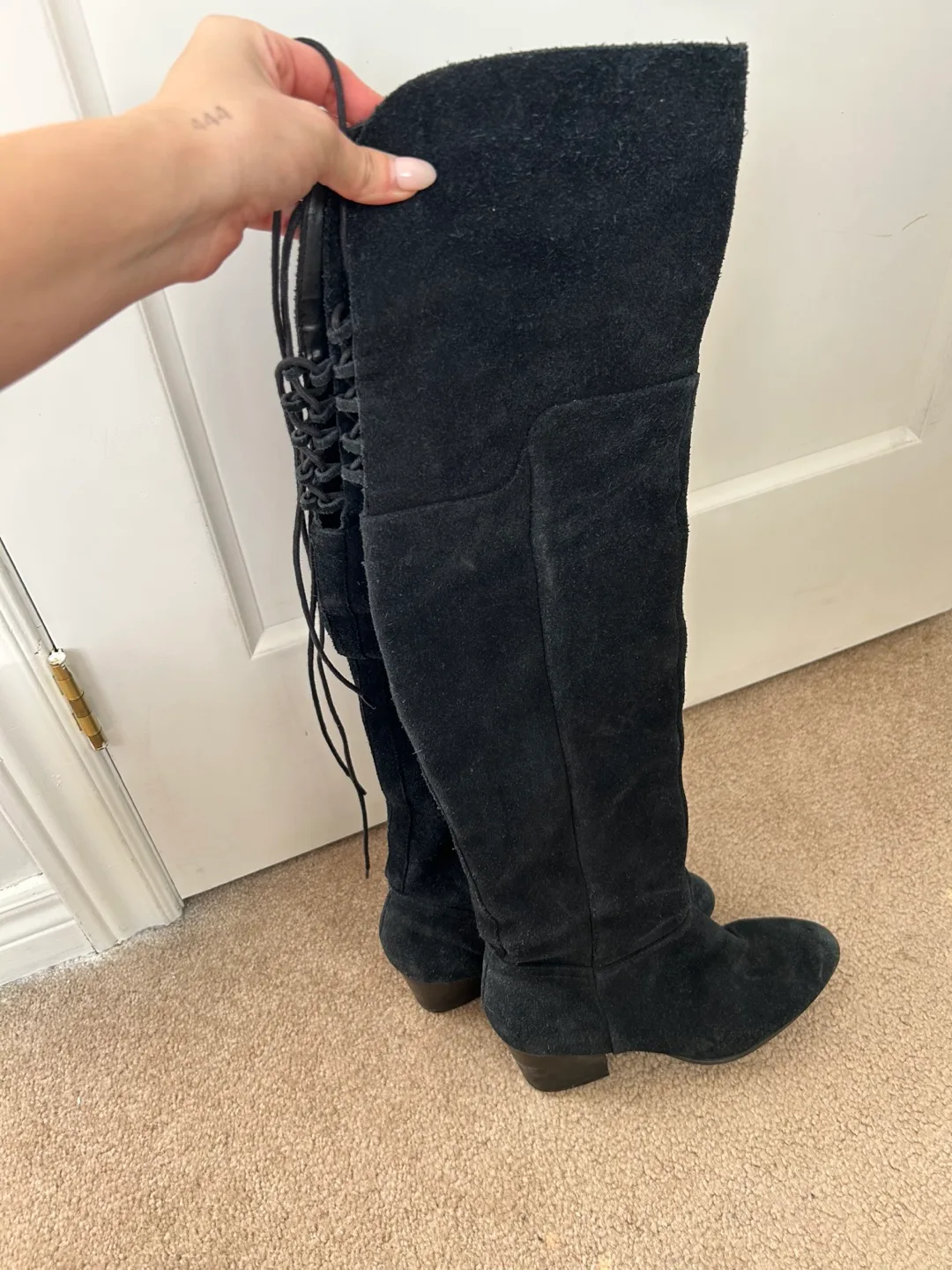 Black Suede Over-the-Knee Boots with Lace-Up Detail image indicator(2)