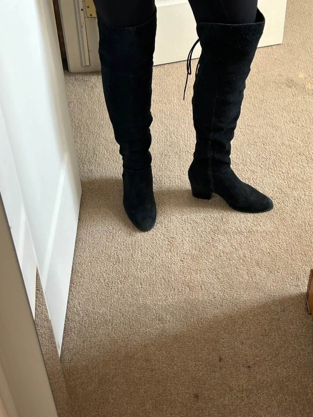 Black Suede Over-the-Knee Boots with Lace-Up Detail image indicator(3)