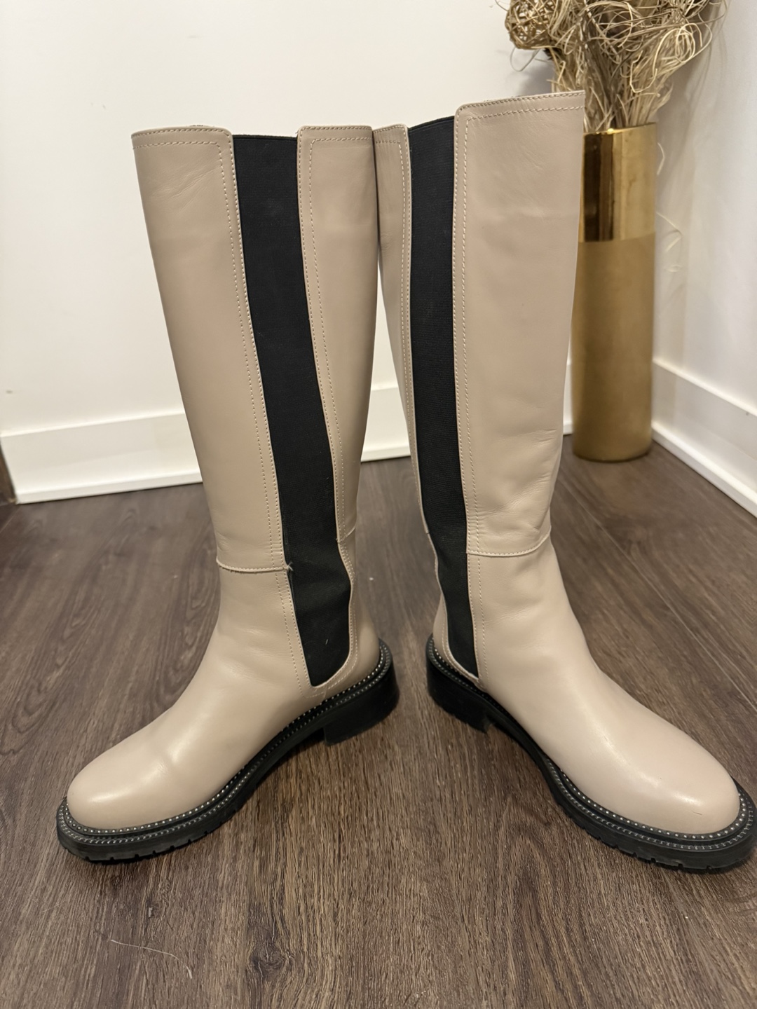 Beige Leather Knee-High Boots.