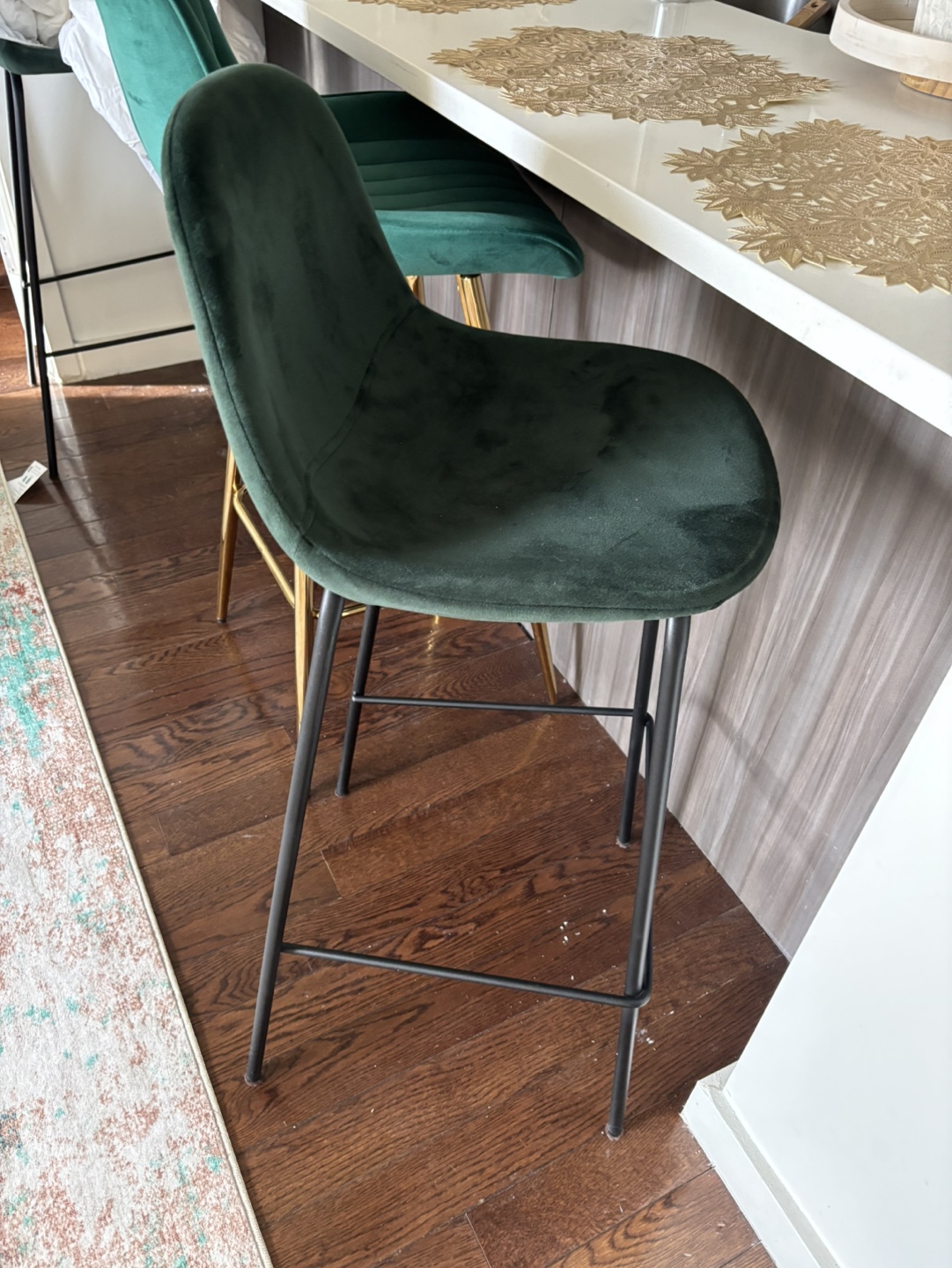 Dark Green Velvet Counter Stool with Black Metal Legs
