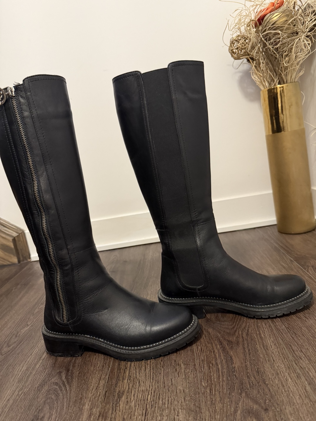 Black Leather Knee-High Boots with Side Zip
