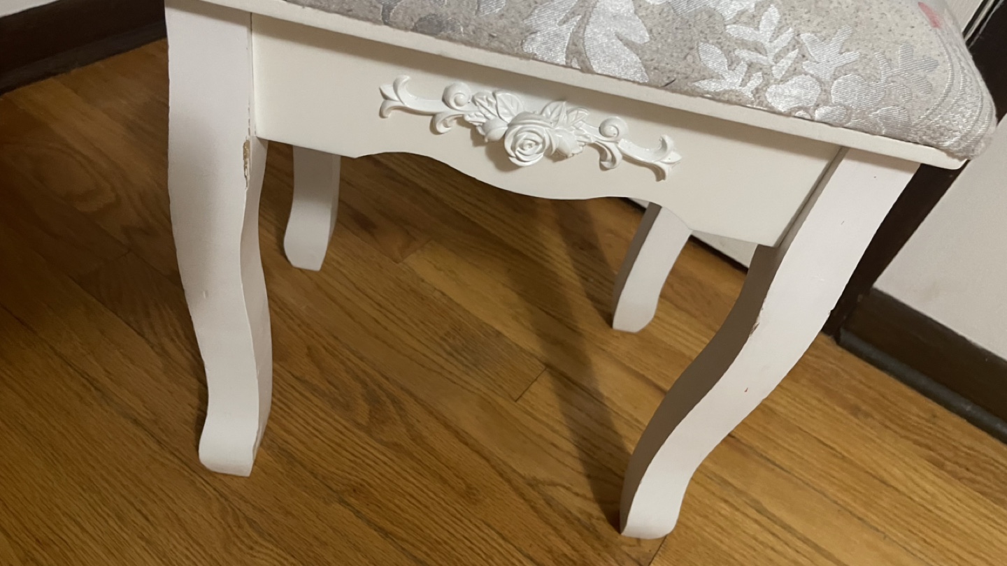 White Vanity Stool with Silver Upholstery check more pictures - photo 2