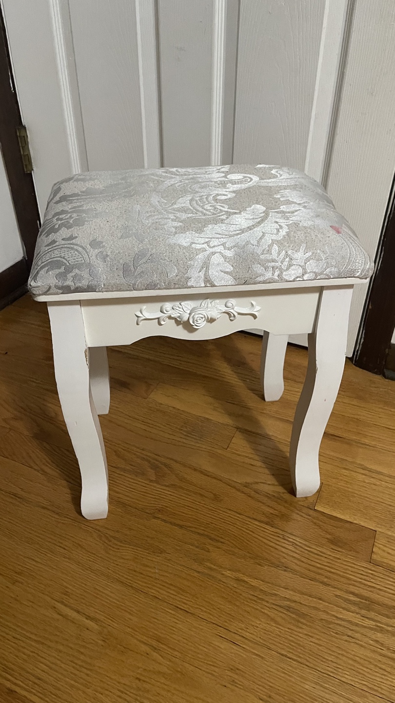 White Vanity Stool with Silver Upholstery check more pictures