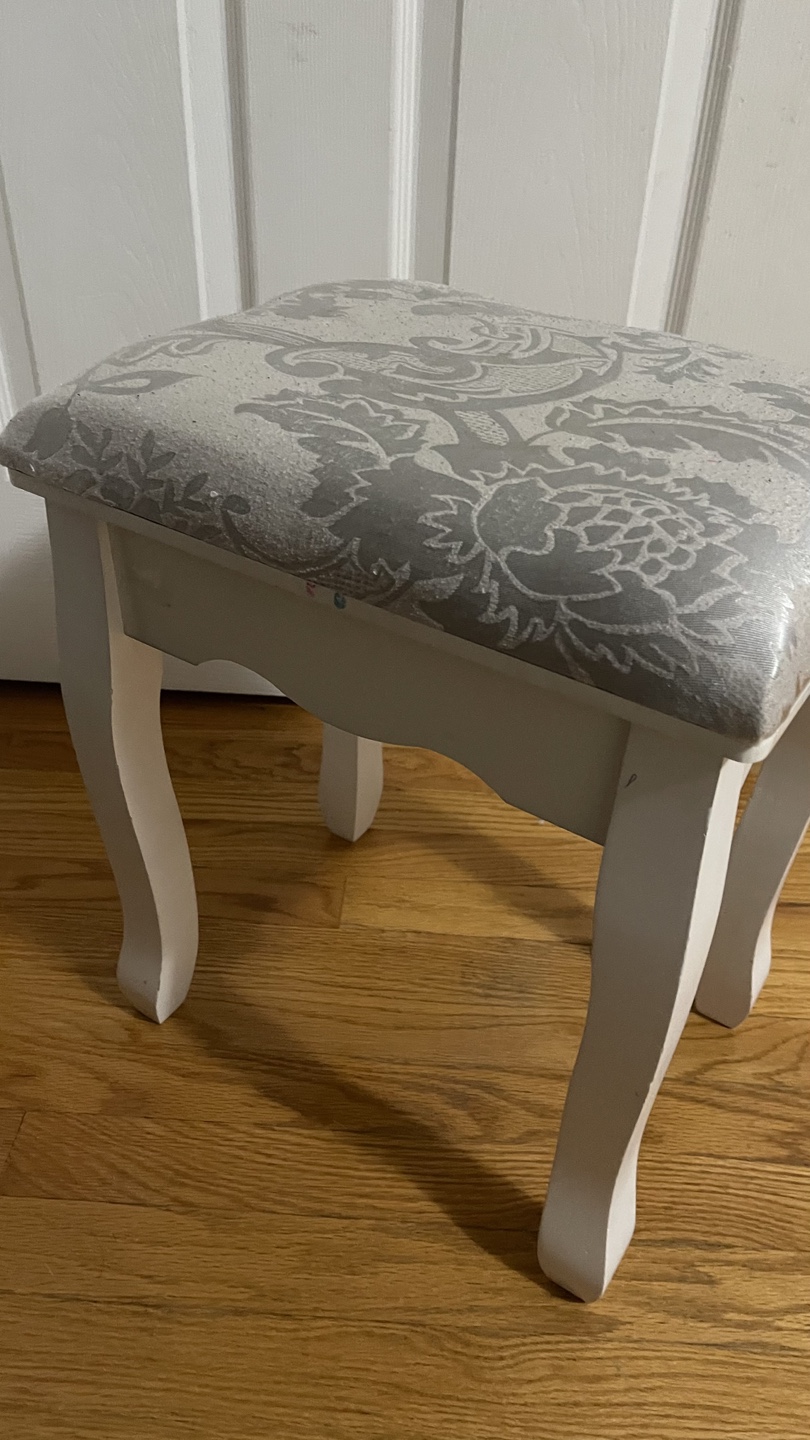 White Vanity Stool with Silver Upholstery check more pictures - photo 4
