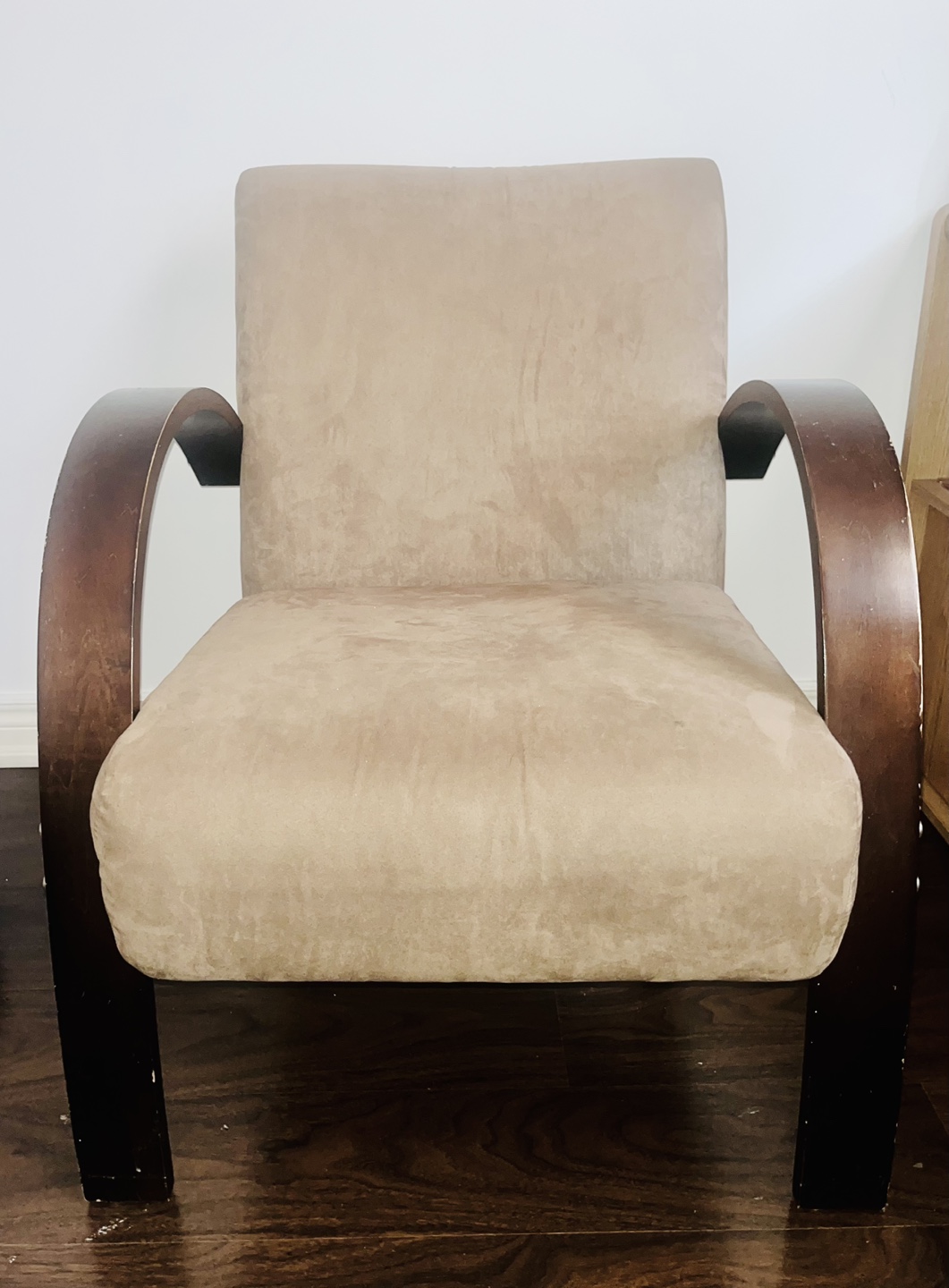 Beige Armchair with Dark Wood Accents