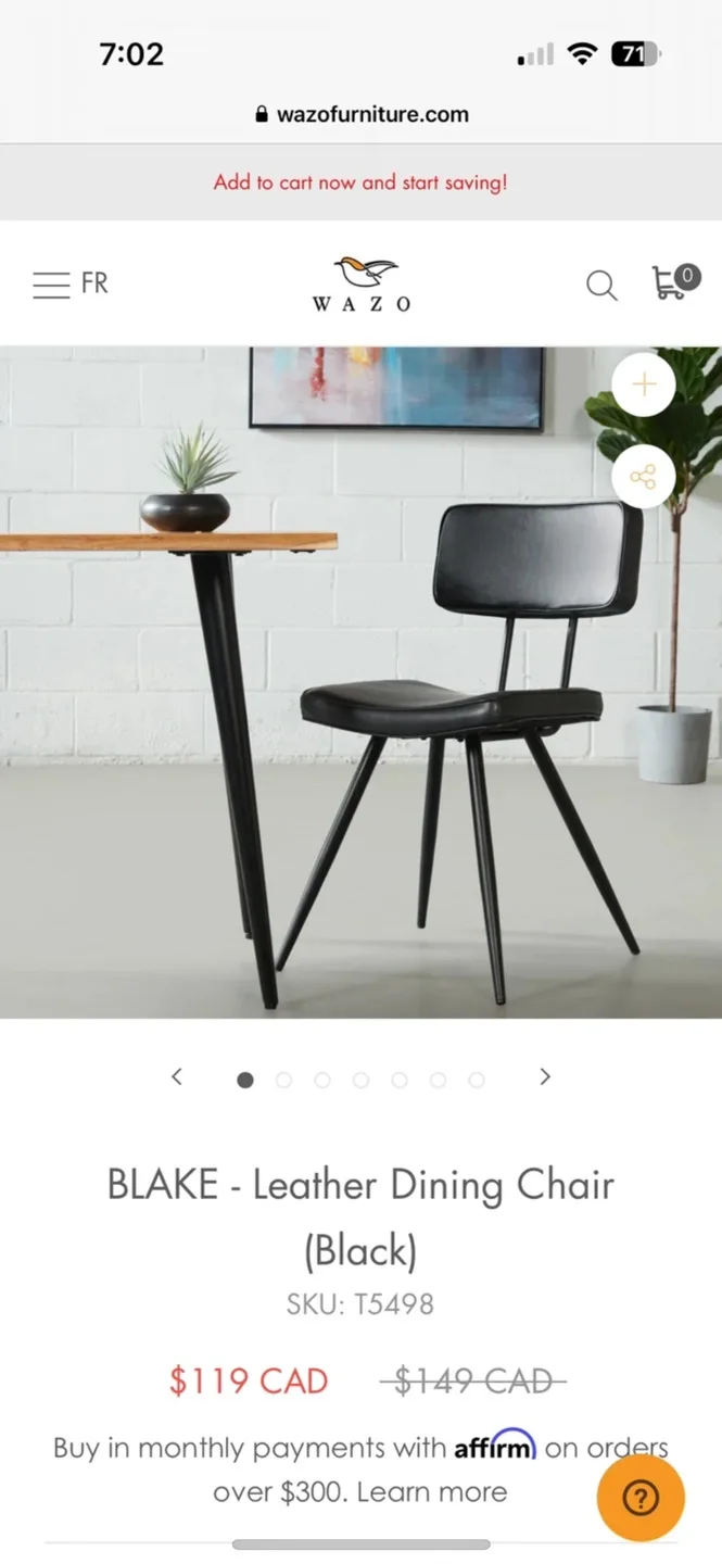 WAZO Blake Leather Dining Chair - Black image indicator(2)