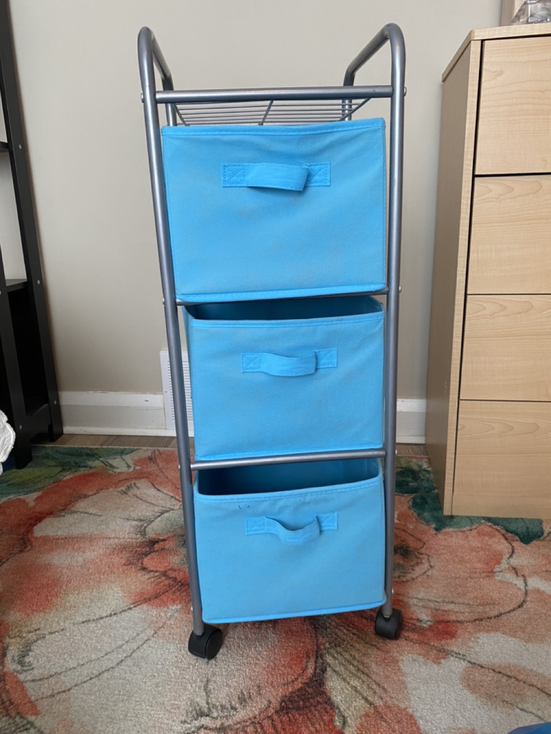 Three-Drawer Rolling Cart - Light Blue Fabric Drawers