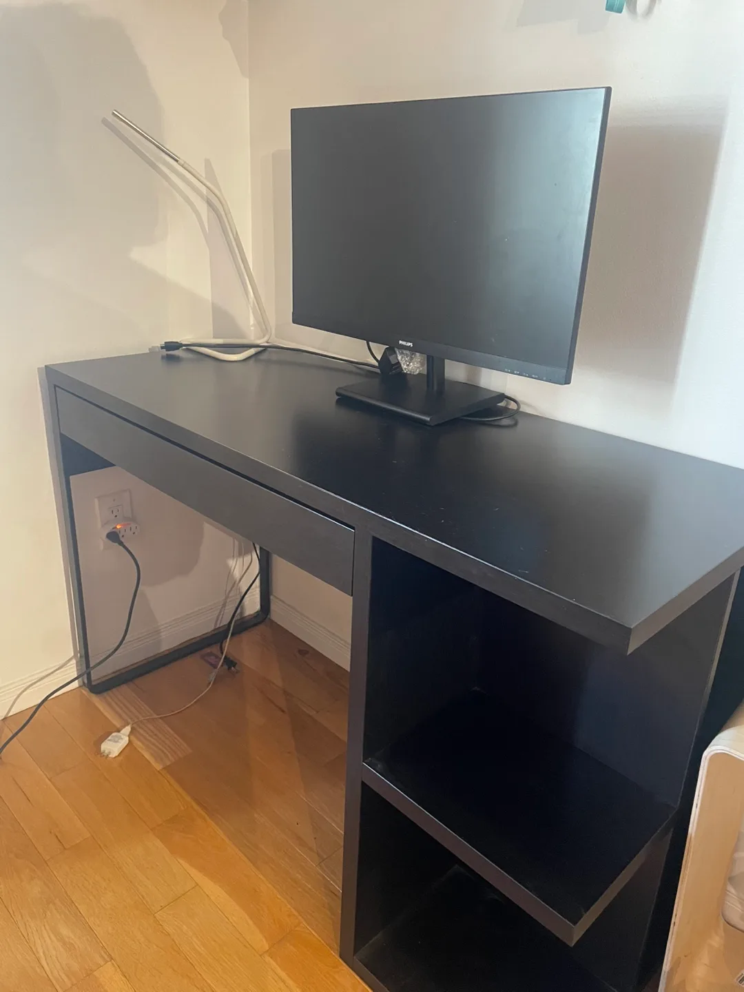 Black Ikea Desk with Drawer and Shelf image indicator(2)