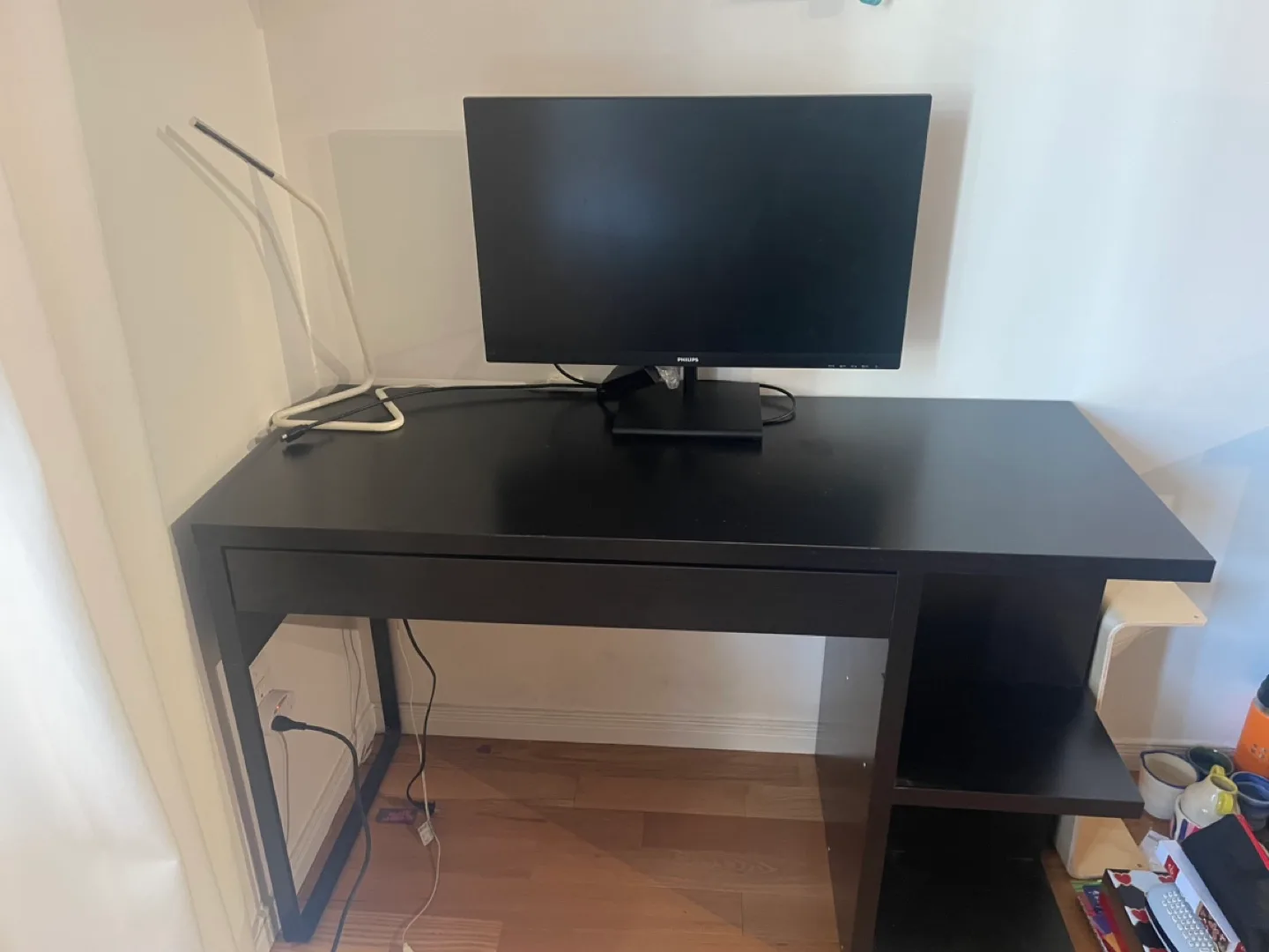 Black Ikea Desk with Drawer and Shelf image indicator(3)