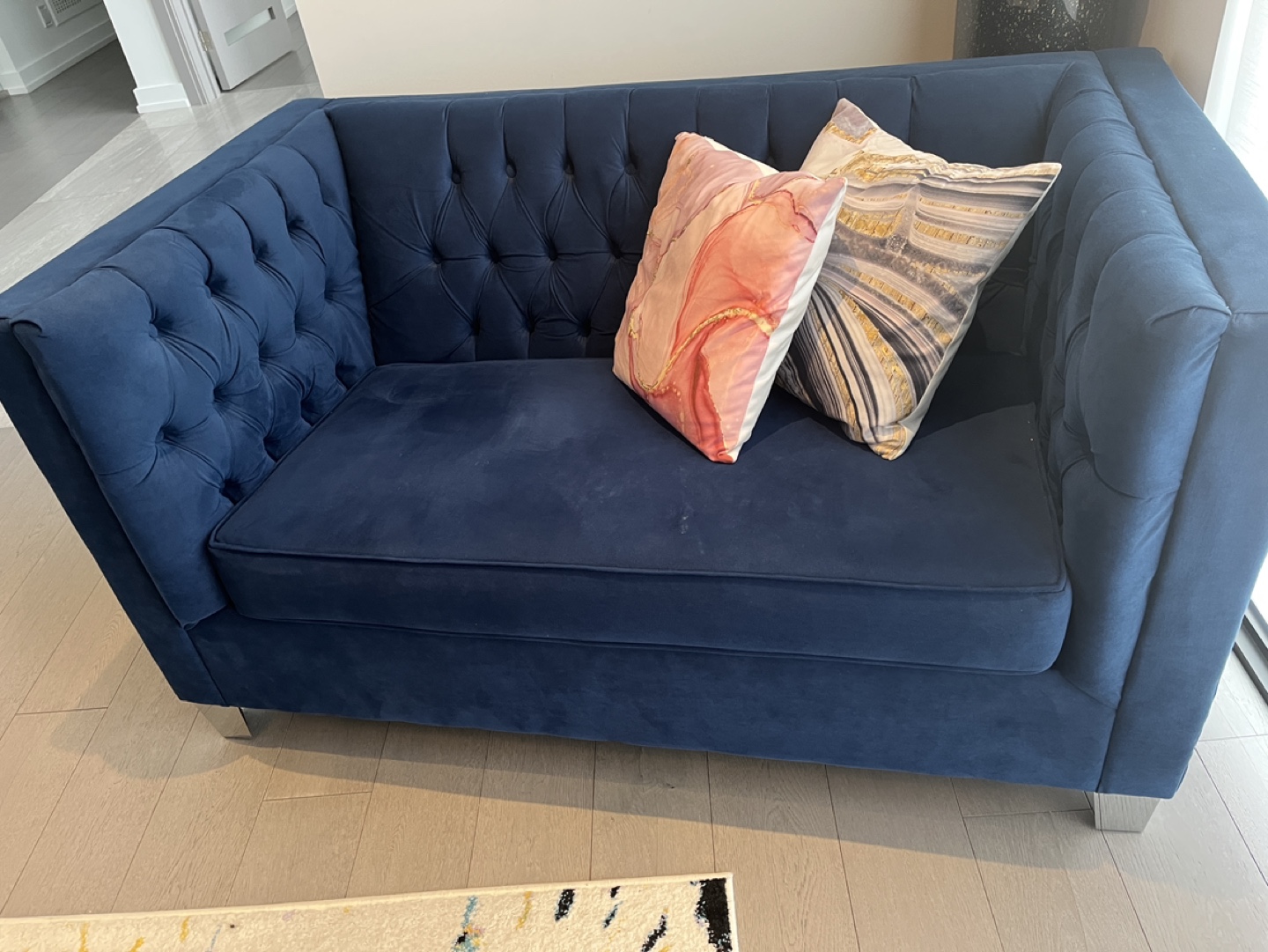 Royal Blue Velvet  Button Tufted Loveseat