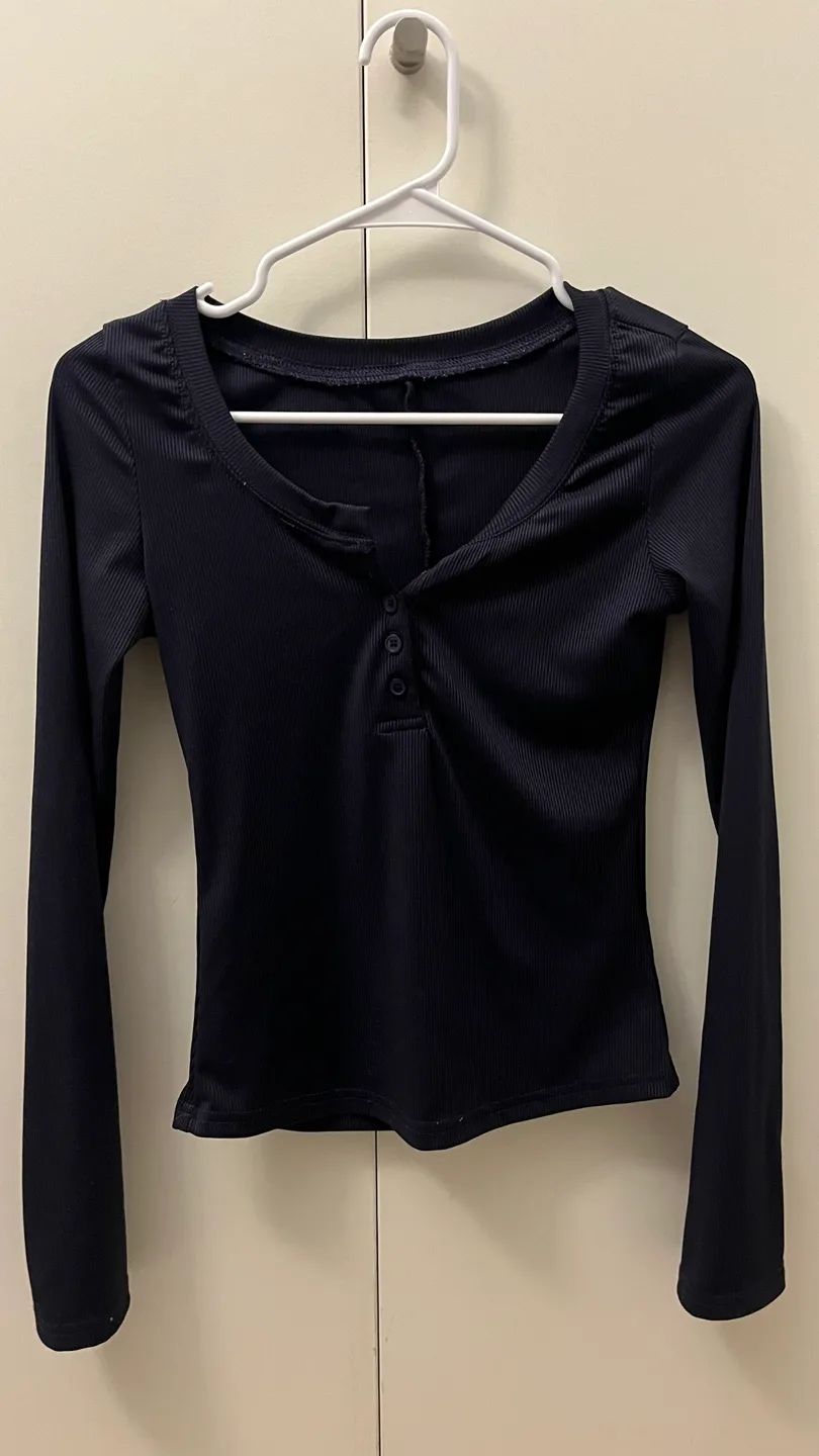 Black Ribbed Long Sleeve Button Top thumbnail