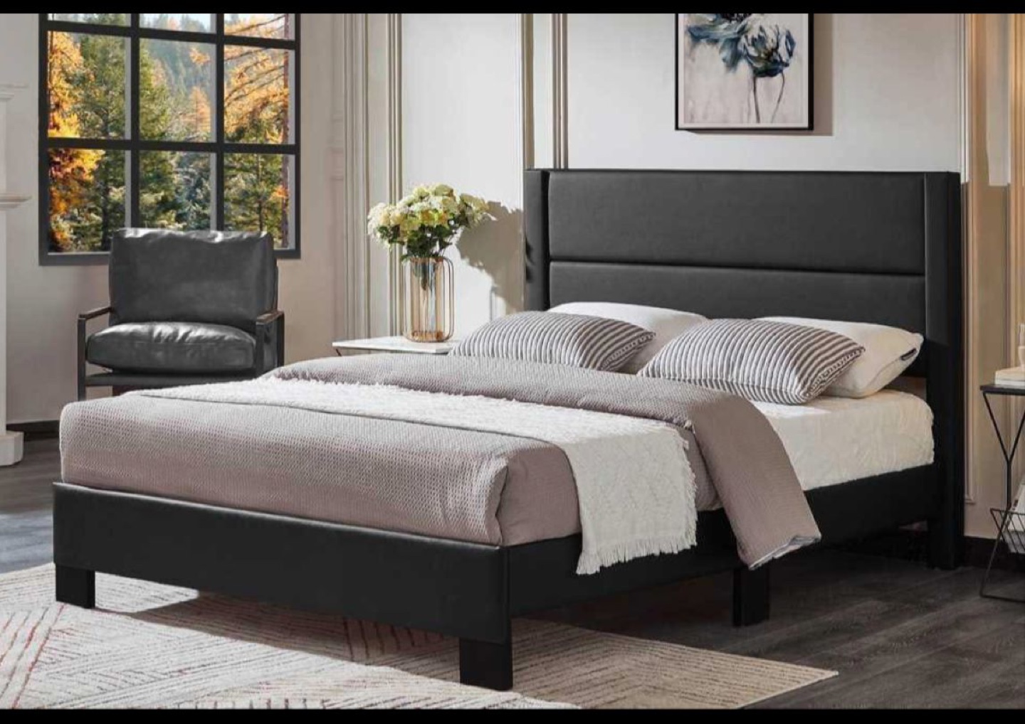 Queen Size Faux Leather Platform Bed Frame and mattress - photo 2