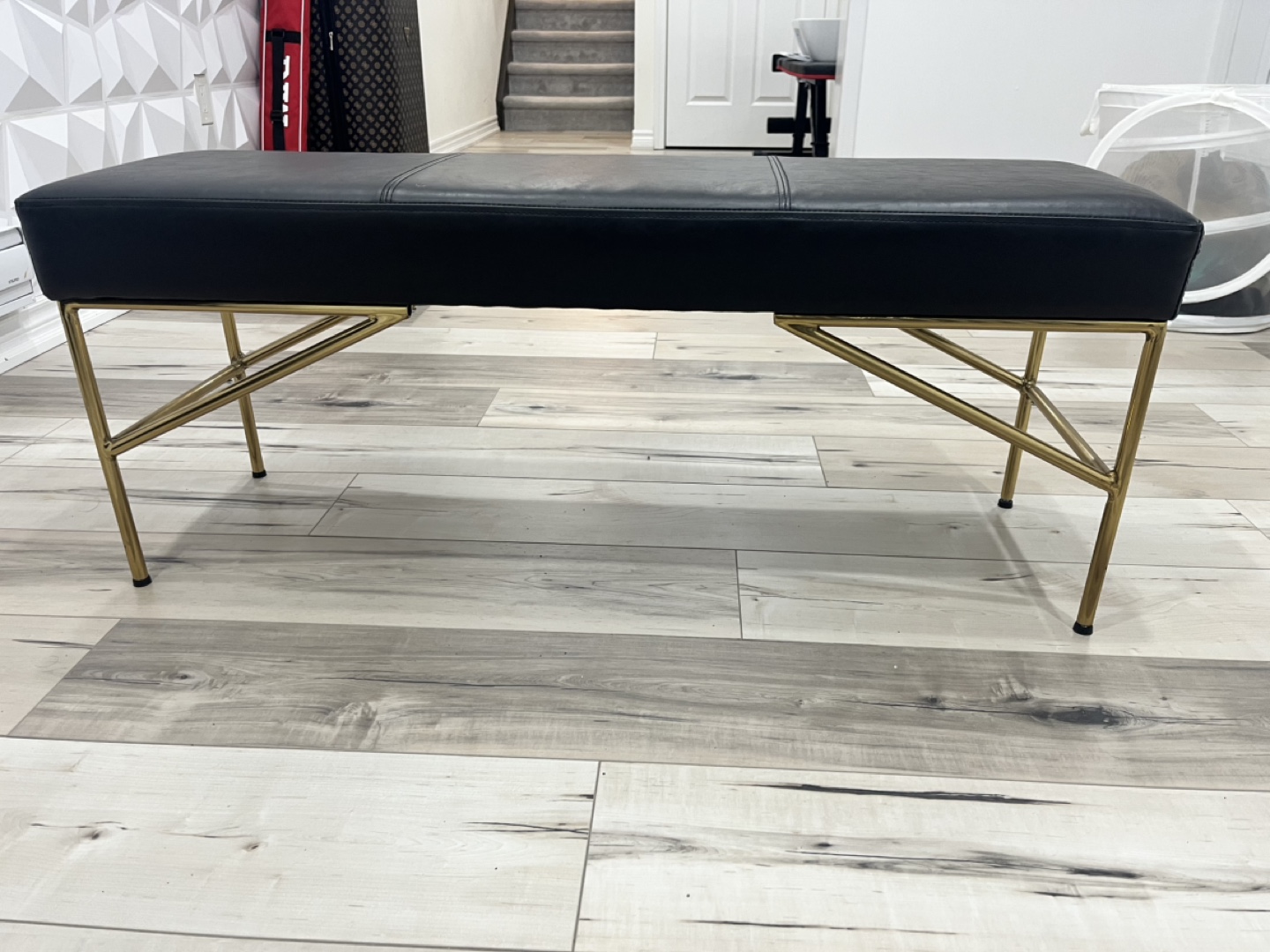 Black Leather Bench with Gold Metal Legs