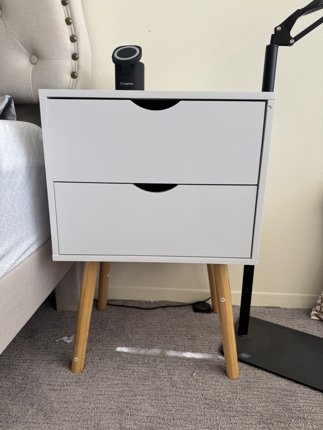 Set of 2 White Two-Drawer Nightstand with Wooden Legs