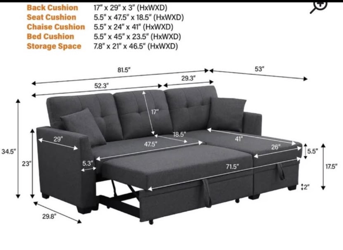 Dark Gray Sectional Sofa with Pull-Out Bed - photo 3