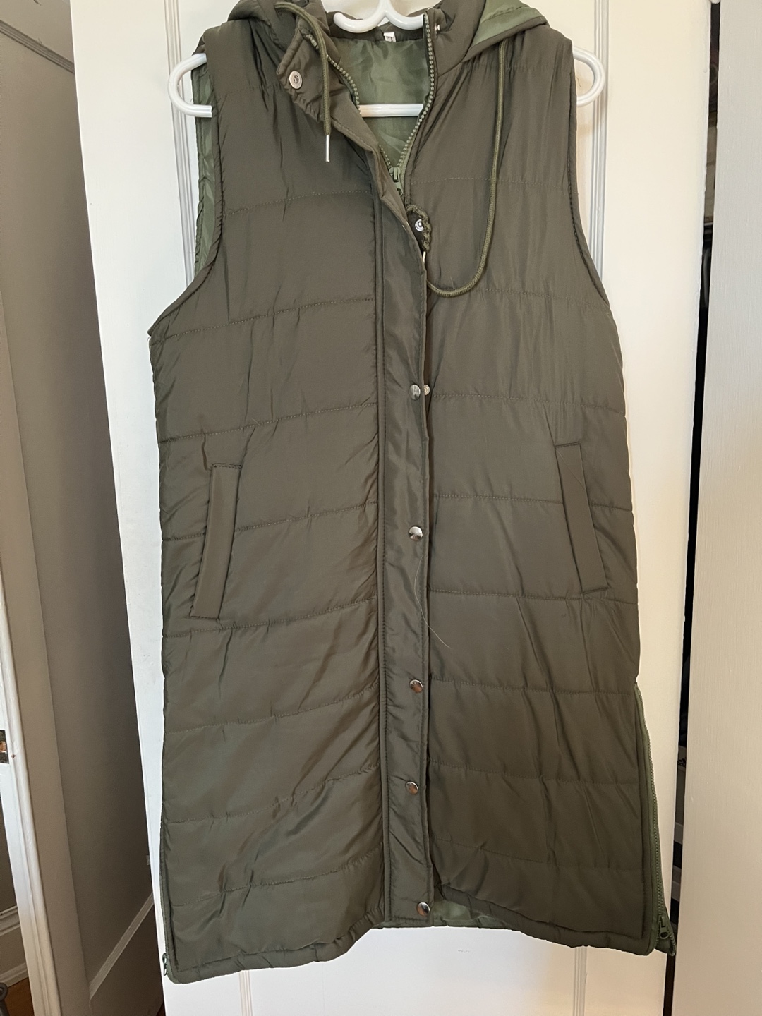 Olive Green Long Puffer Vest with Hood