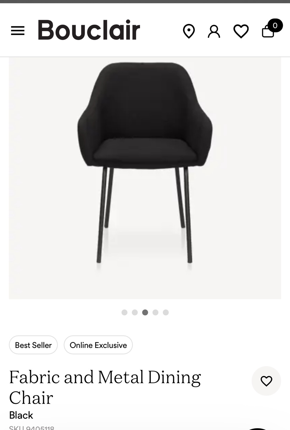 Set of Four Bouclair Black Fabric and Metal Dining Chairs