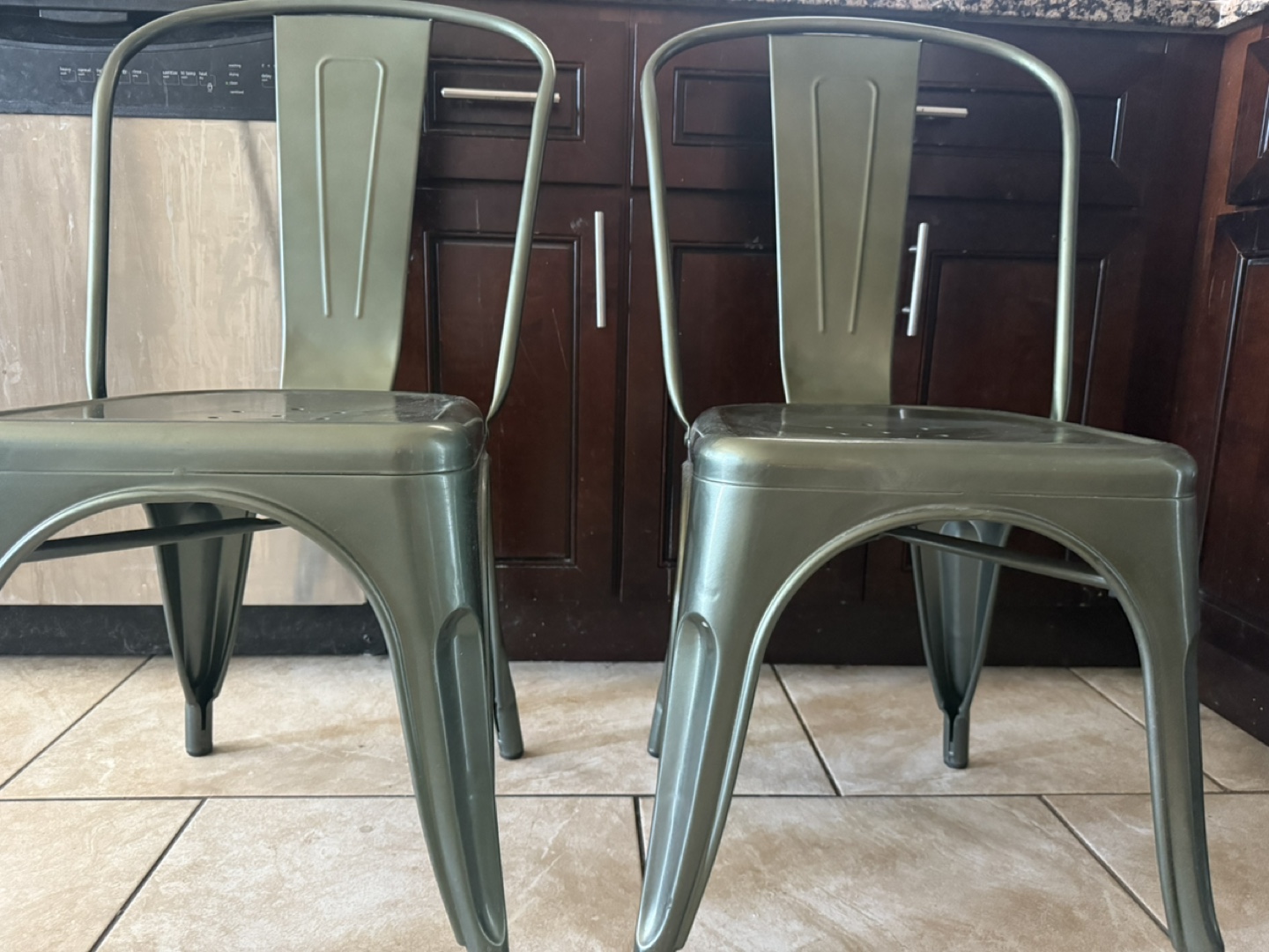 Pair of Metal Dining Chairs - Olive Green