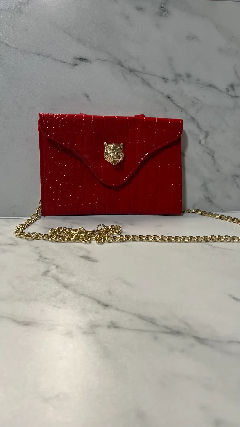 Red Croc Embossed Flap Chain Fanny Pack thumbnail