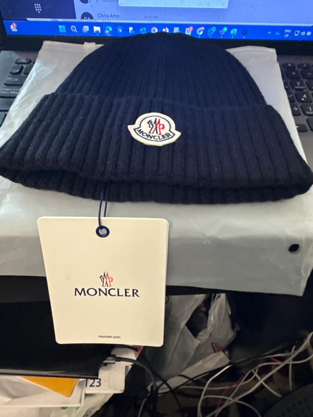 Moncler Black Ribbed Knit Beanie image indicator(3)