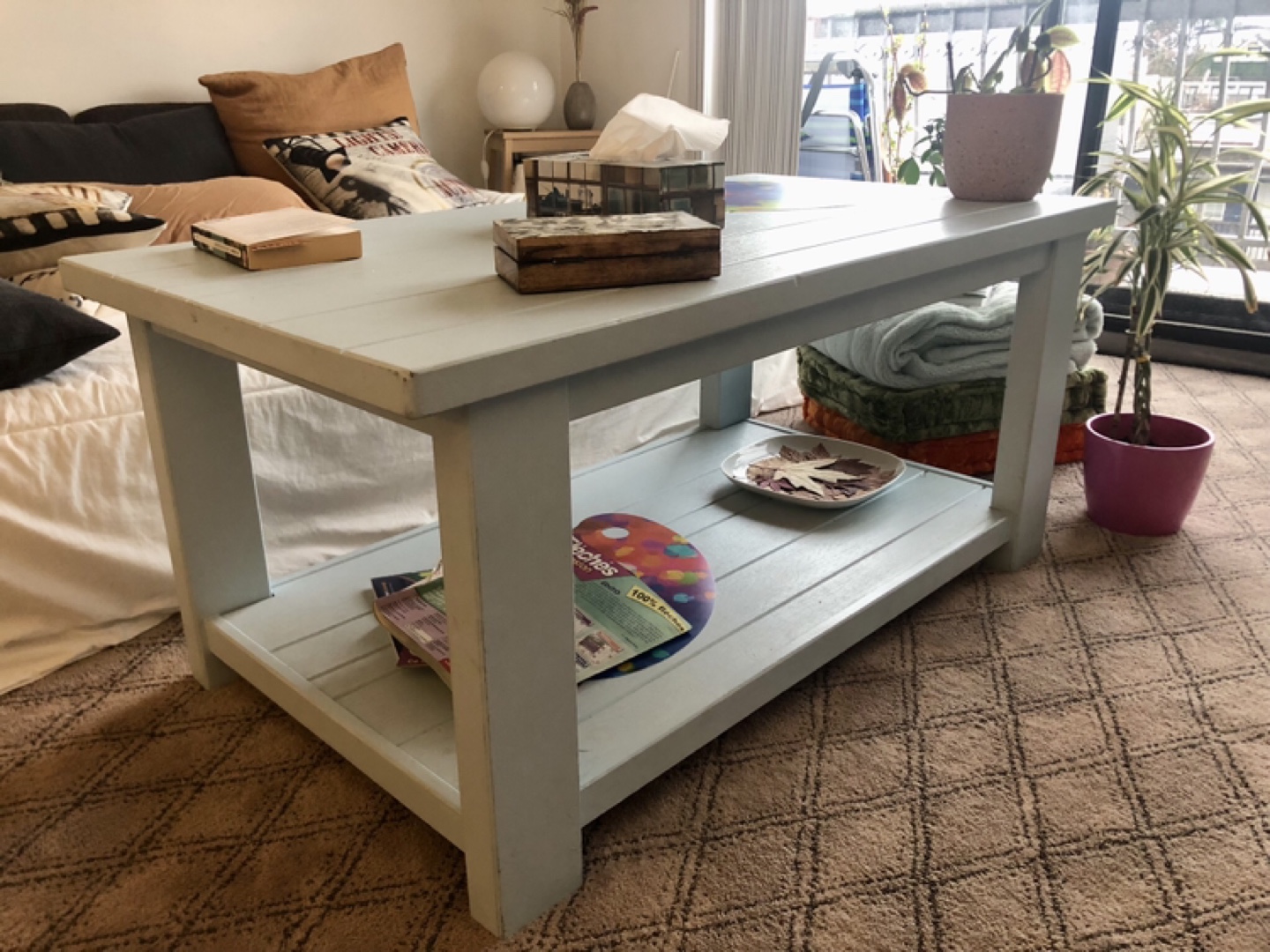 Light Blue Coffee Table with Shelf
