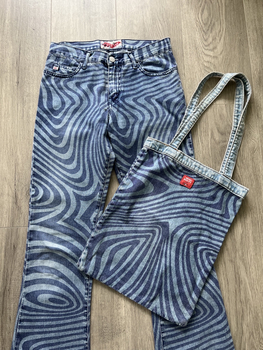Miss Sixty size 26 swirl print jeans and tote bag