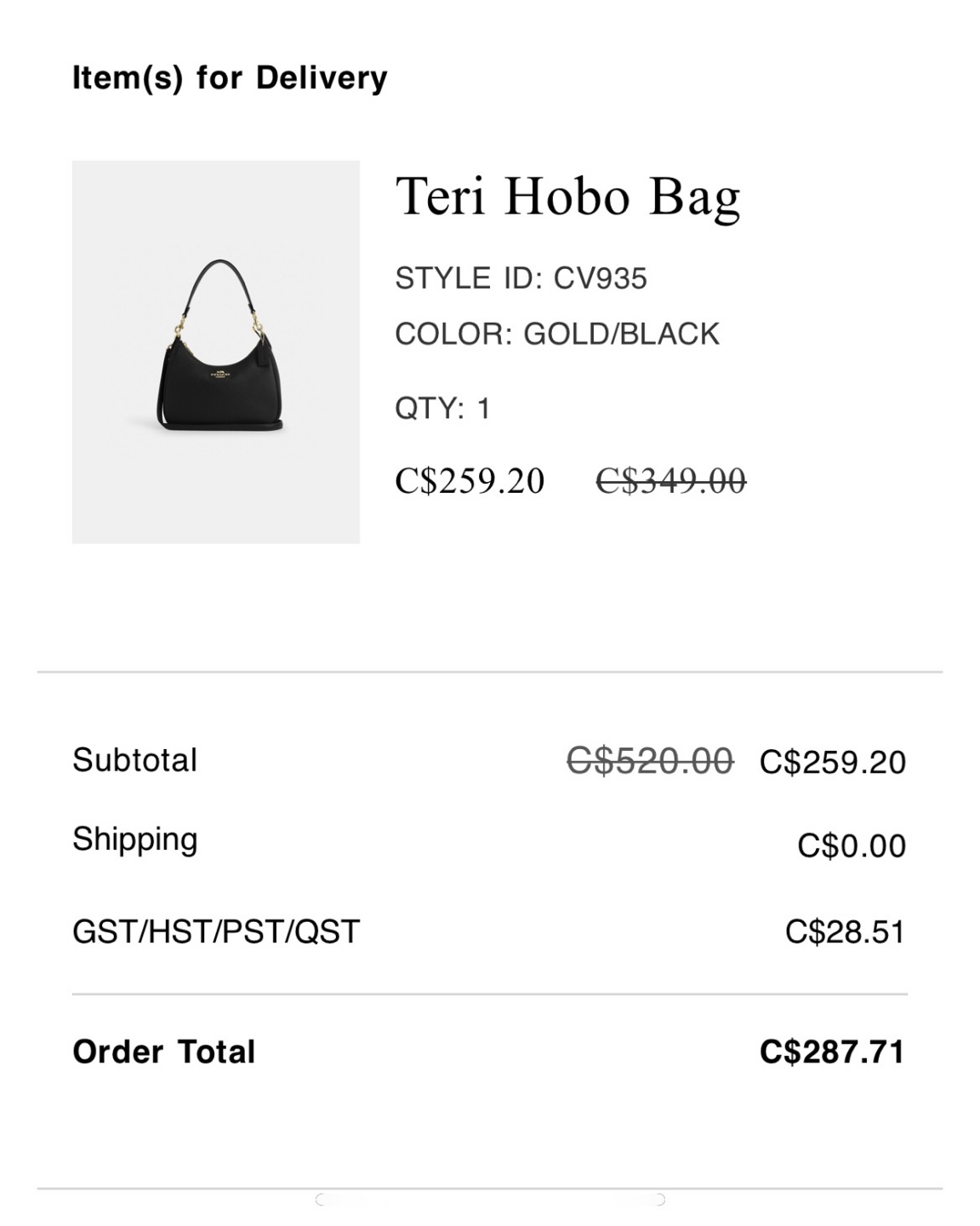 Coach Teri Hobo Bag - Black/Gold - photo 2