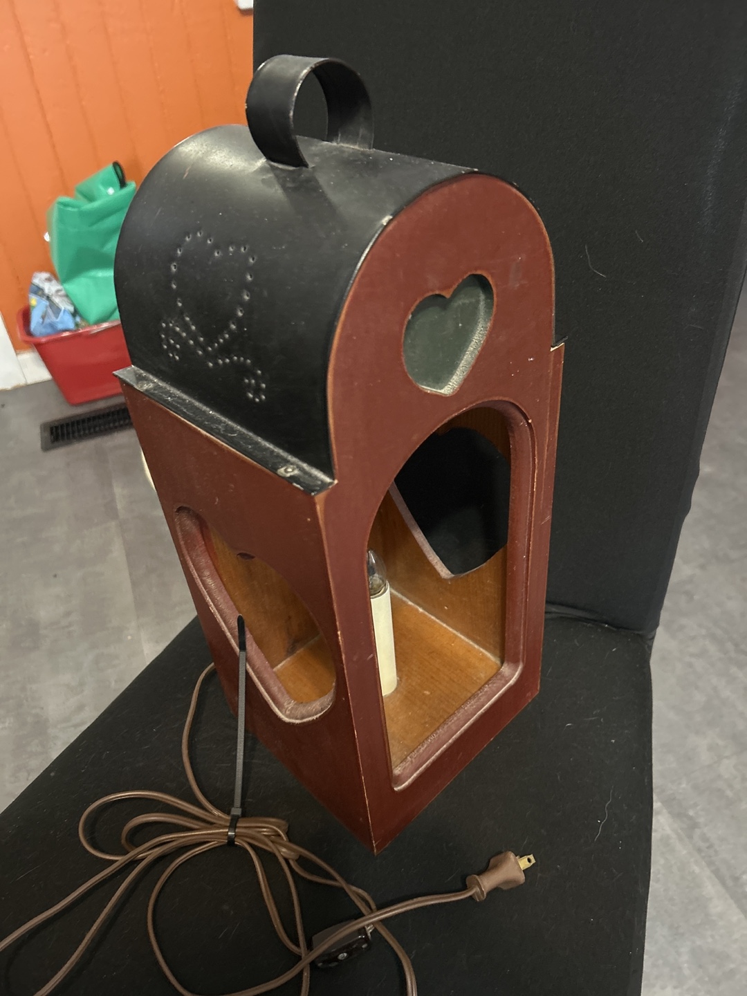 Vintage Wooden Lantern Lamp with Heart Cutouts