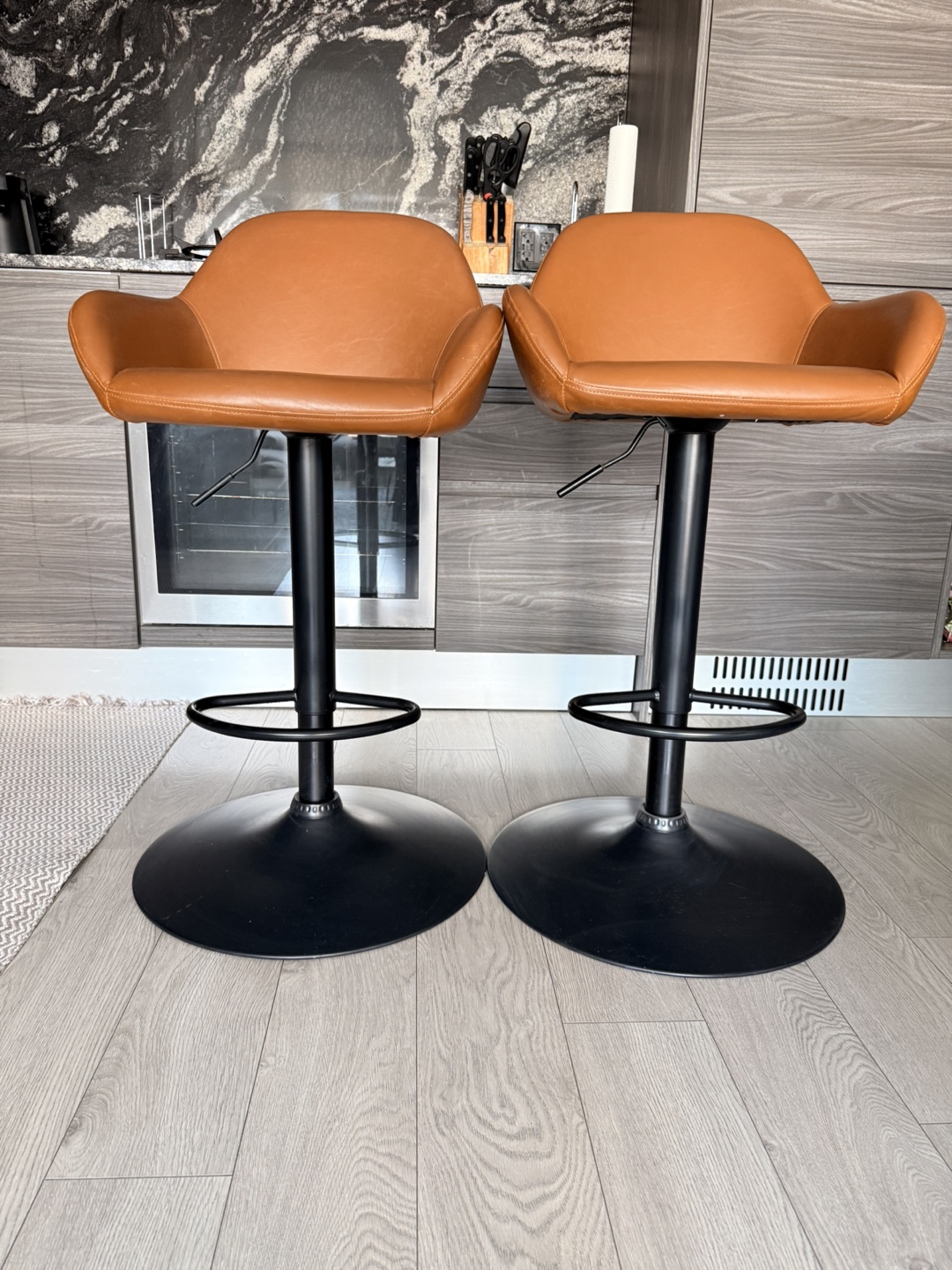 Pair of Brown Leather Bar Stools with Adjustable Height - photo 2