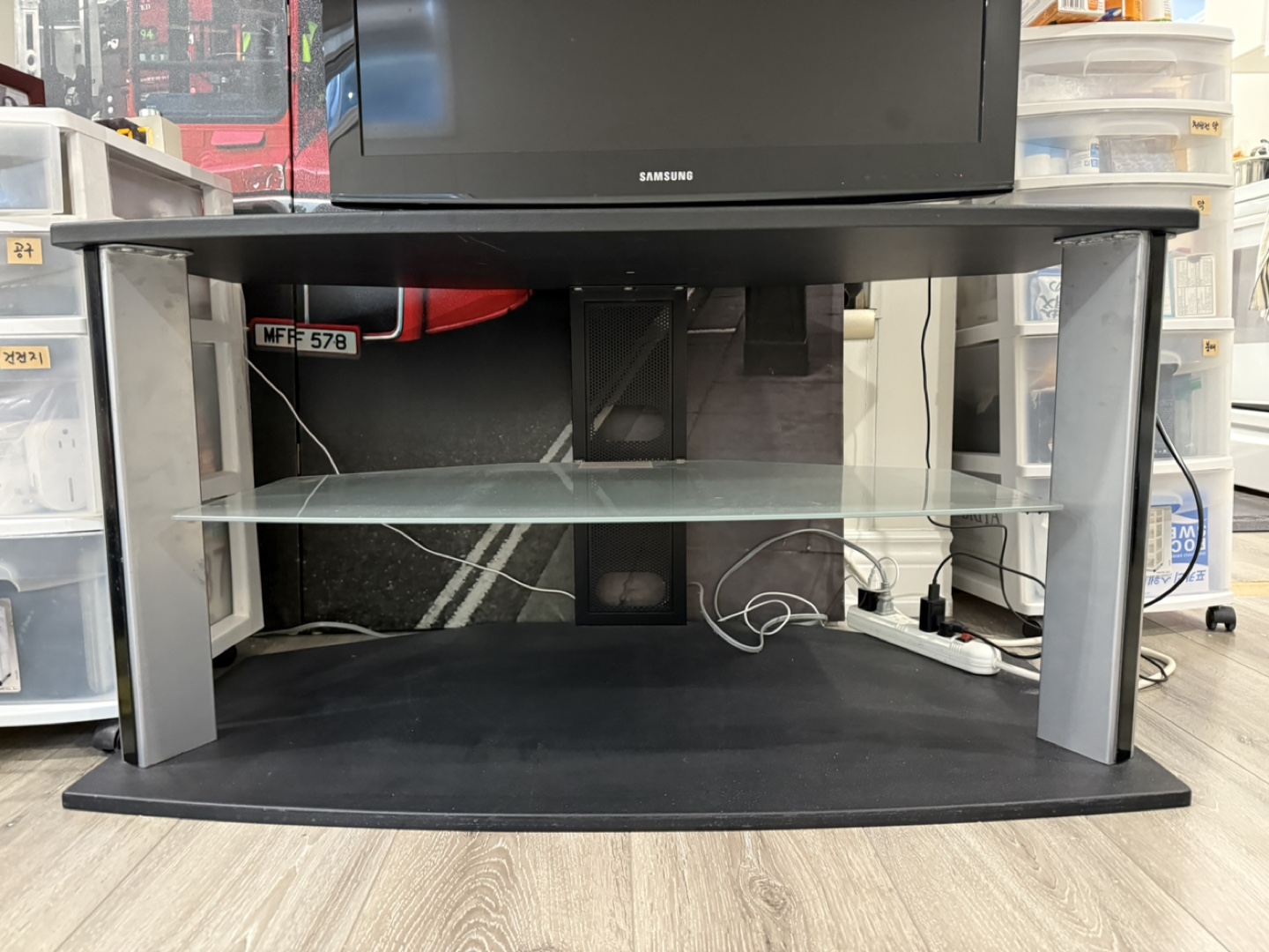 Black TV Stand with Glass Shelf