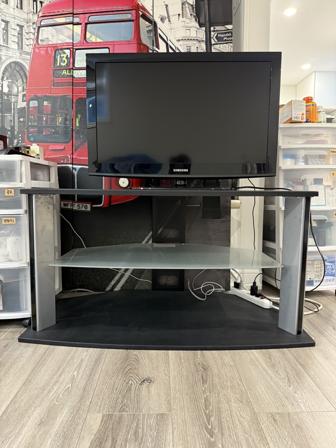 Black TV Stand with Glass Shelf - photo 2