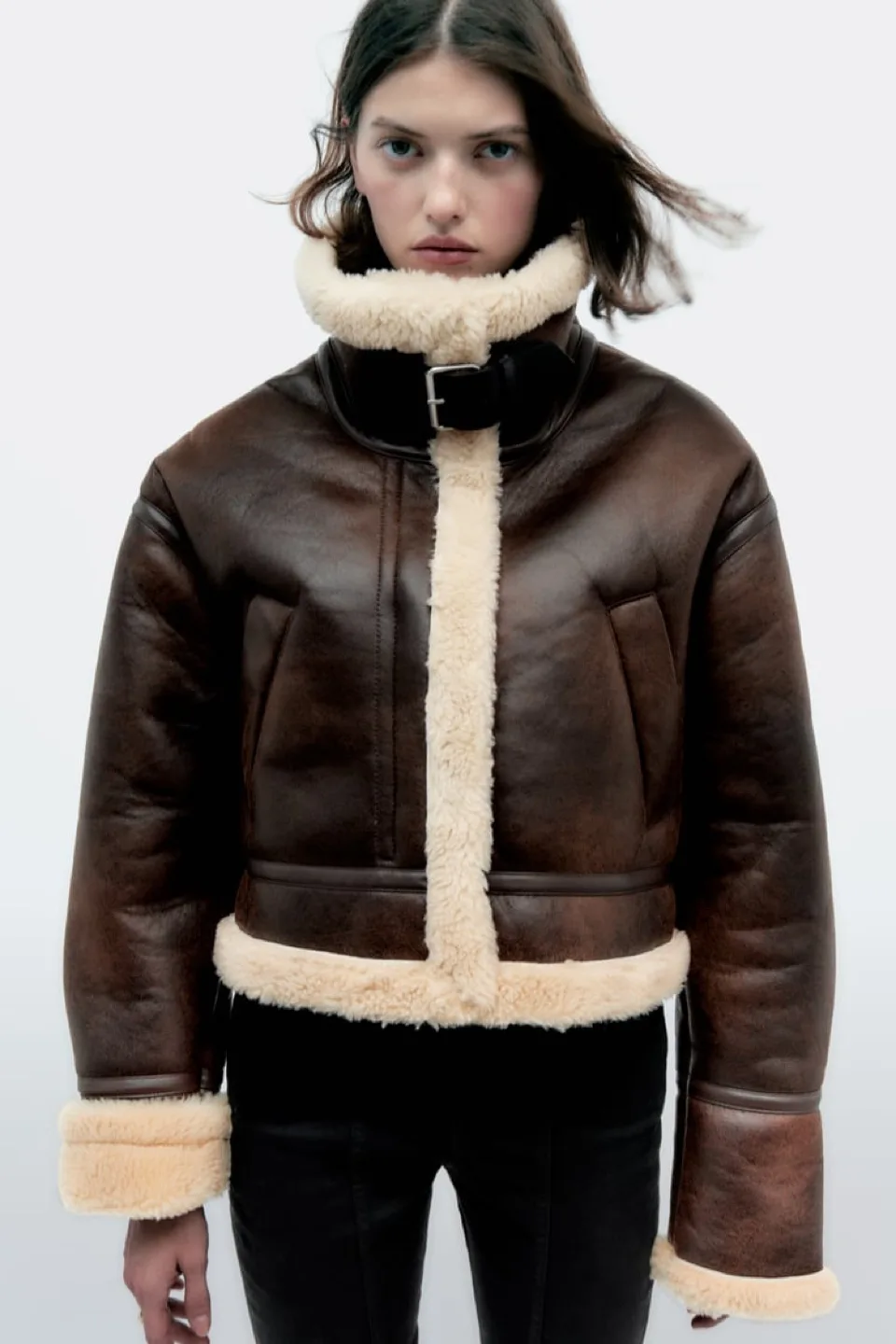 Zara Brown Shearling Aviator Jacket image indicator(9)