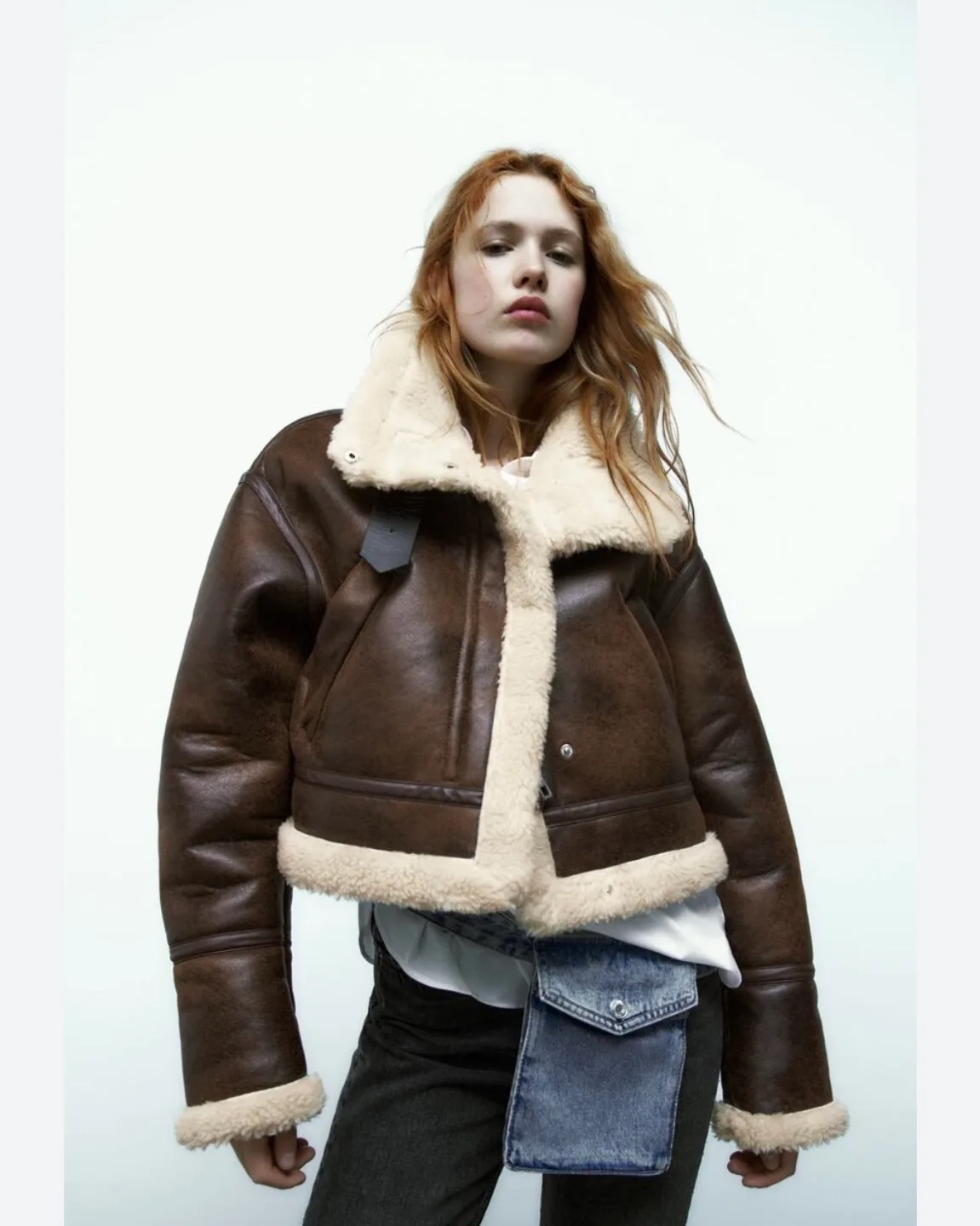 Zara Brown Shearling Aviator Jacket image indicator(2)