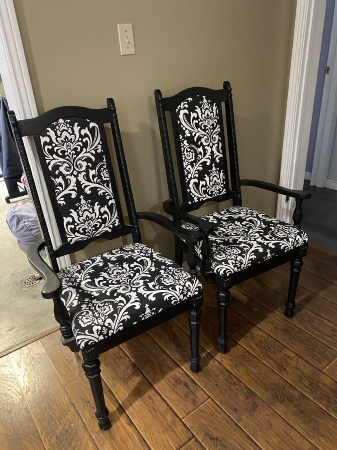 Pair of Black Dining Chairs with Damask Upholstery